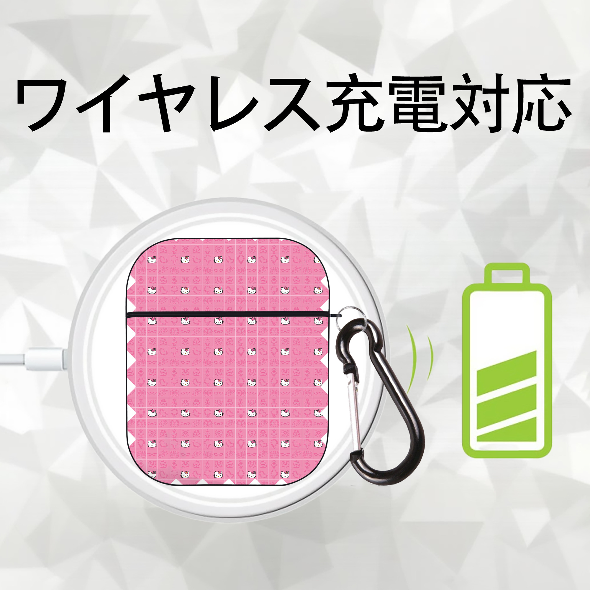 Hello Kitty ハローキティ AirPods 第2世代保護ケース ハードシェル ブラック 耐衝撃・防指紋・カラビナ付き