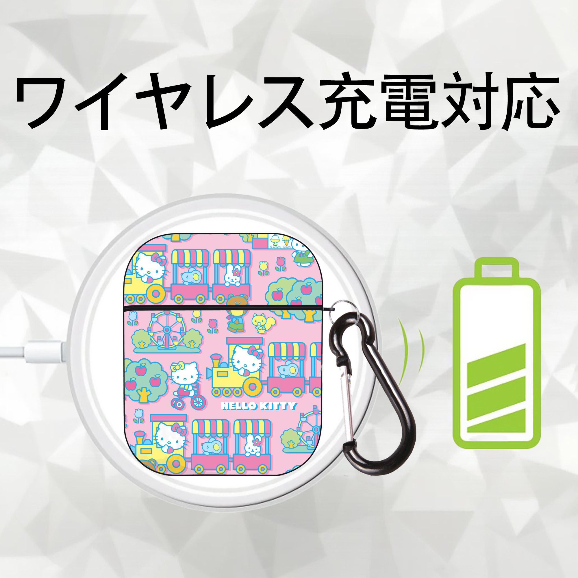 Hello Kitty ハローキティ AirPods 第2世代保護ケース ハードシェル ブラック 耐衝撃・防指紋・カラビナ付き