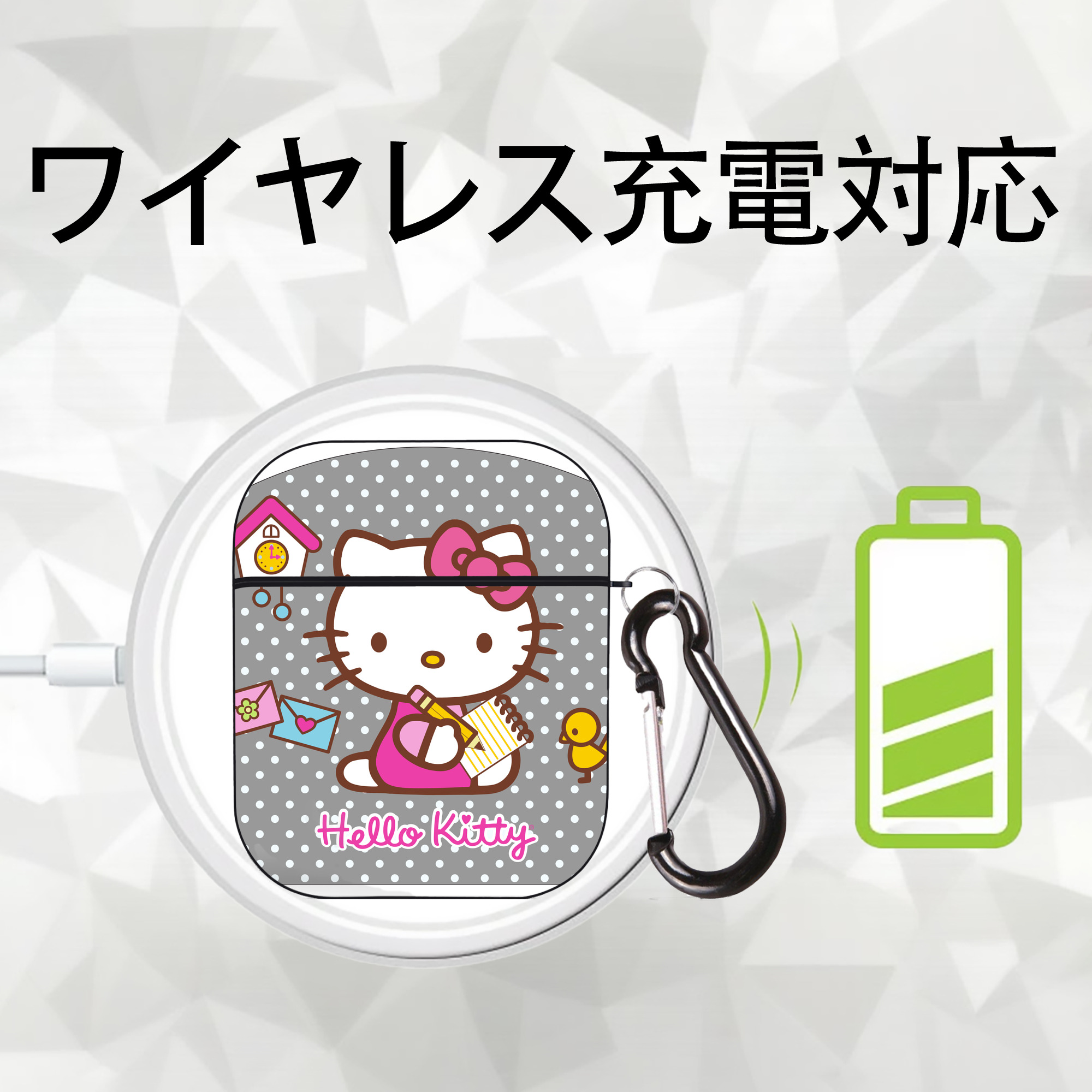 Hello Kitty ハローキティ AirPods 第2世代保護ケース ハードシェル ブラック 耐衝撃・防指紋・カラビナ付き