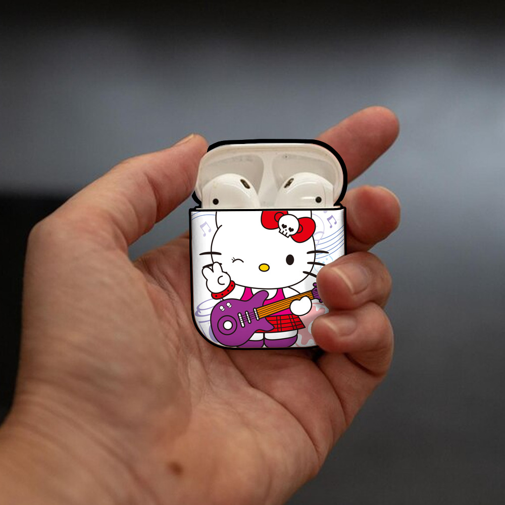 Hello Kitty ハローキティ AirPods 第2世代保護ケース ハードシェル ブラック 耐衝撃・防指紋・カラビナ付き