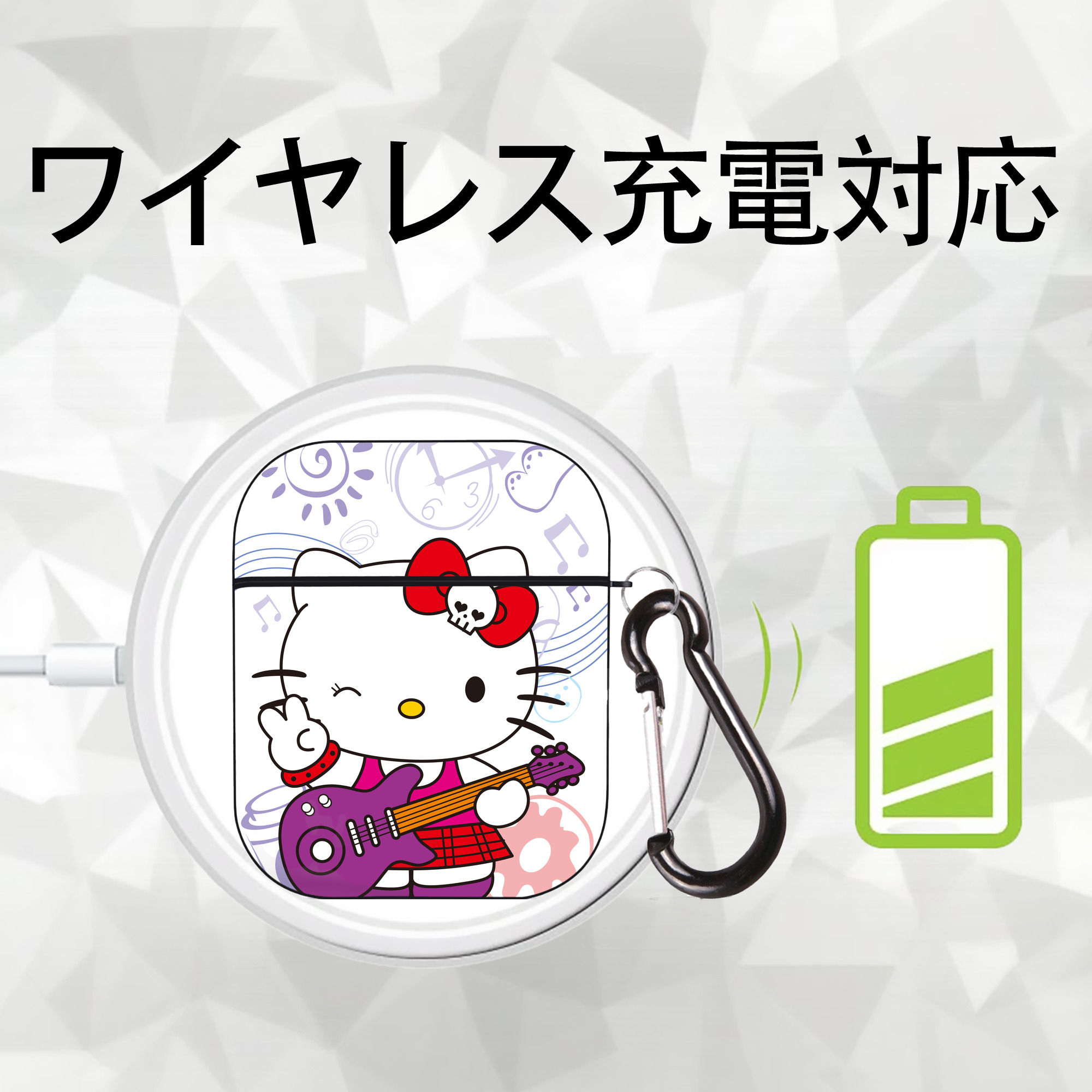 Hello Kitty ハローキティ AirPods 第2世代保護ケース ハードシェル ブラック 耐衝撃・防指紋・カラビナ付き