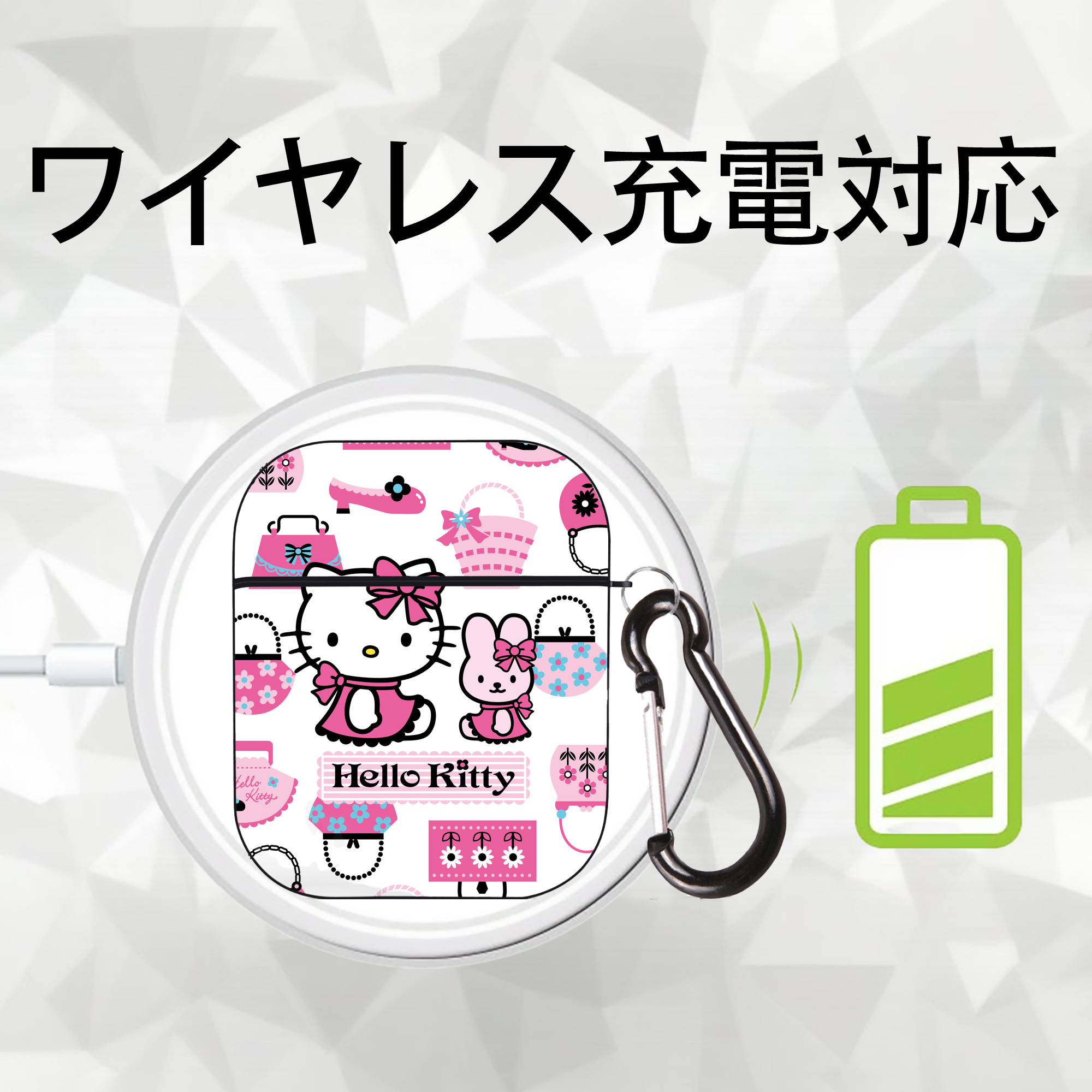 Hello Kitty ハローキティ AirPods 第2世代保護ケース ハードシェル ブラック 耐衝撃・防指紋・カラビナ付き