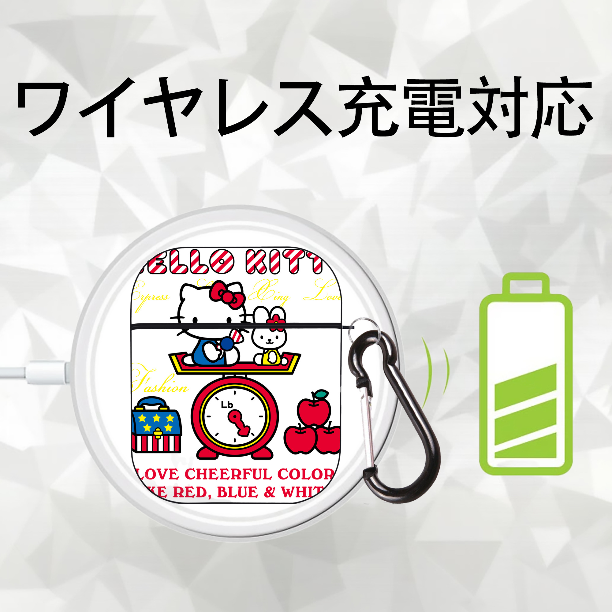 Hello Kitty ハローキティ AirPods 第2世代保護ケース ハードシェル ブラック 耐衝撃・防指紋・カラビナ付き