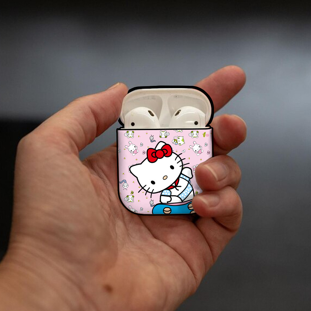 Hello Kitty ハローキティ AirPods 第2世代保護ケース ハードシェル ブラック 耐衝撃・防指紋・カラビナ付き