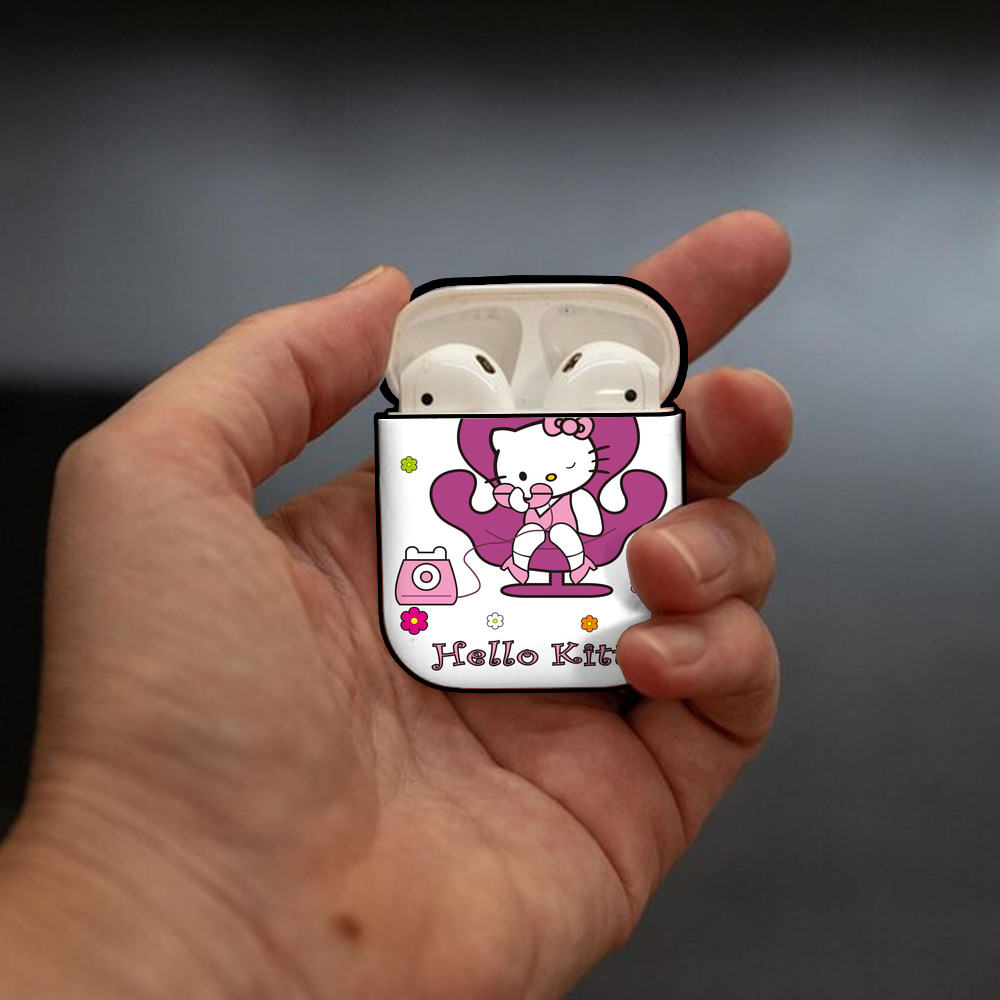 Hello Kitty ハローキティ AirPods 第2世代保護ケース ハードシェル ブラック 耐衝撃・防指紋・カラビナ付き