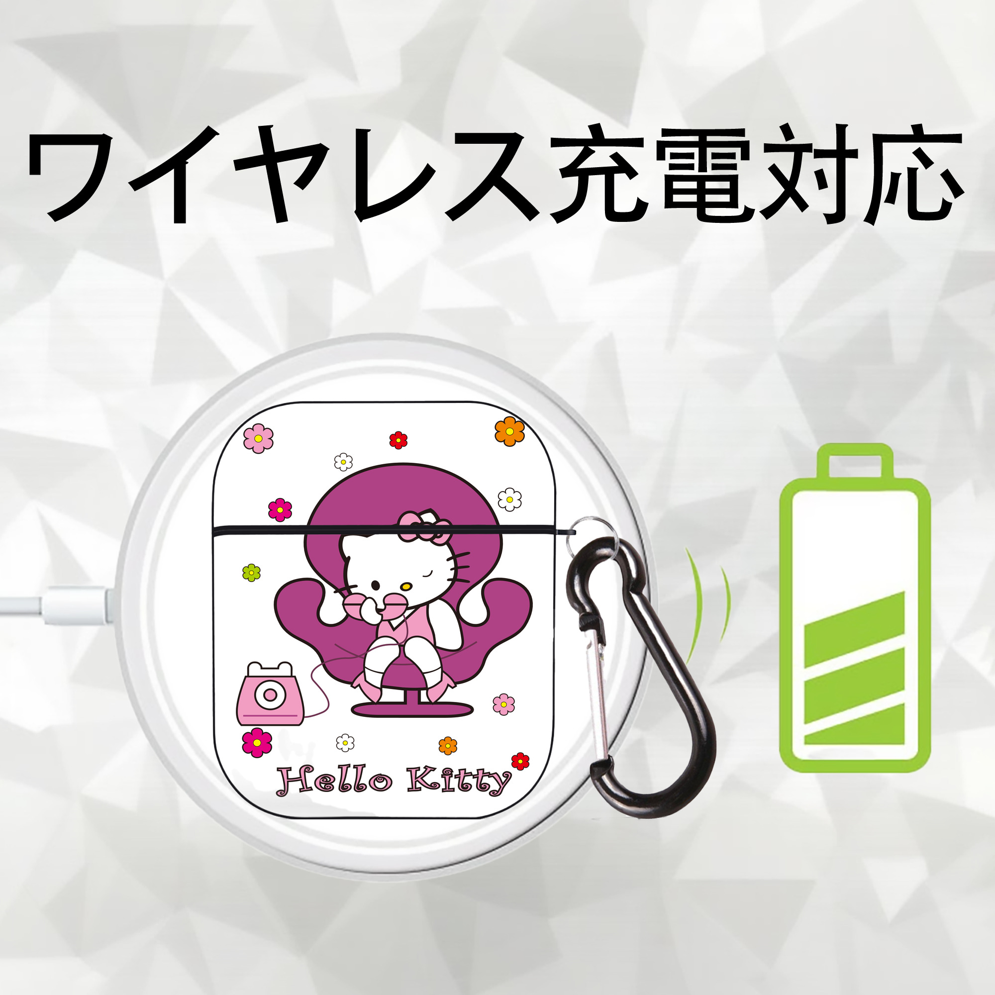 Hello Kitty ハローキティ AirPods 第2世代保護ケース ハードシェル ブラック 耐衝撃・防指紋・カラビナ付き