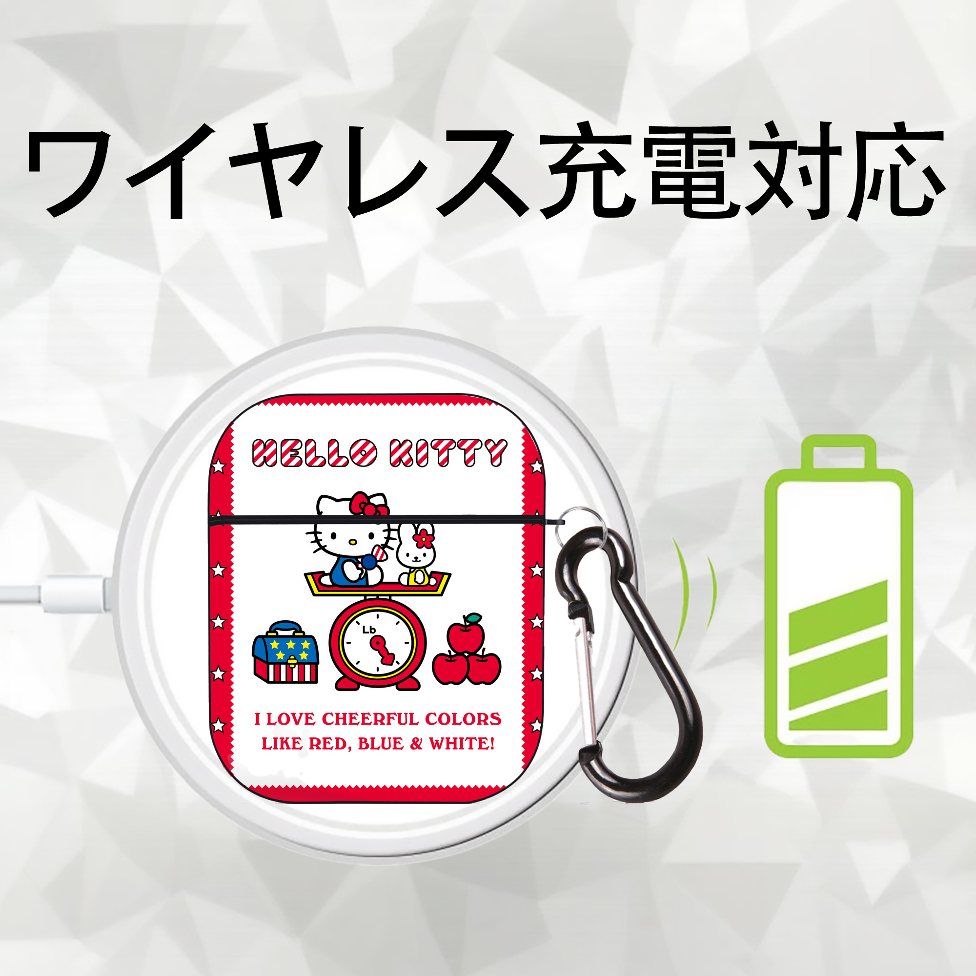 Hello Kitty ハローキティ AirPods 第2世代保護ケース ハードシェル ブラック 耐衝撃・防指紋・カラビナ付き