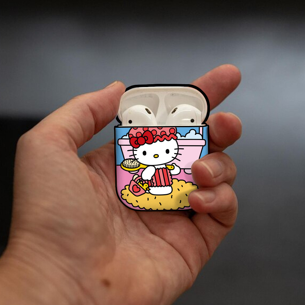 Hello Kitty ハローキティ AirPods 第2世代保護ケース ハードシェル ブラック 耐衝撃・防指紋・カラビナ付き