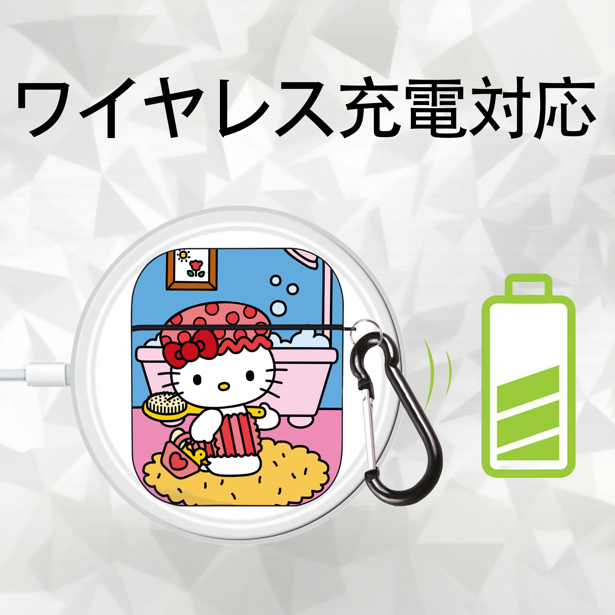 Hello Kitty ハローキティ AirPods 第2世代保護ケース ハードシェル ブラック 耐衝撃・防指紋・カラビナ付き