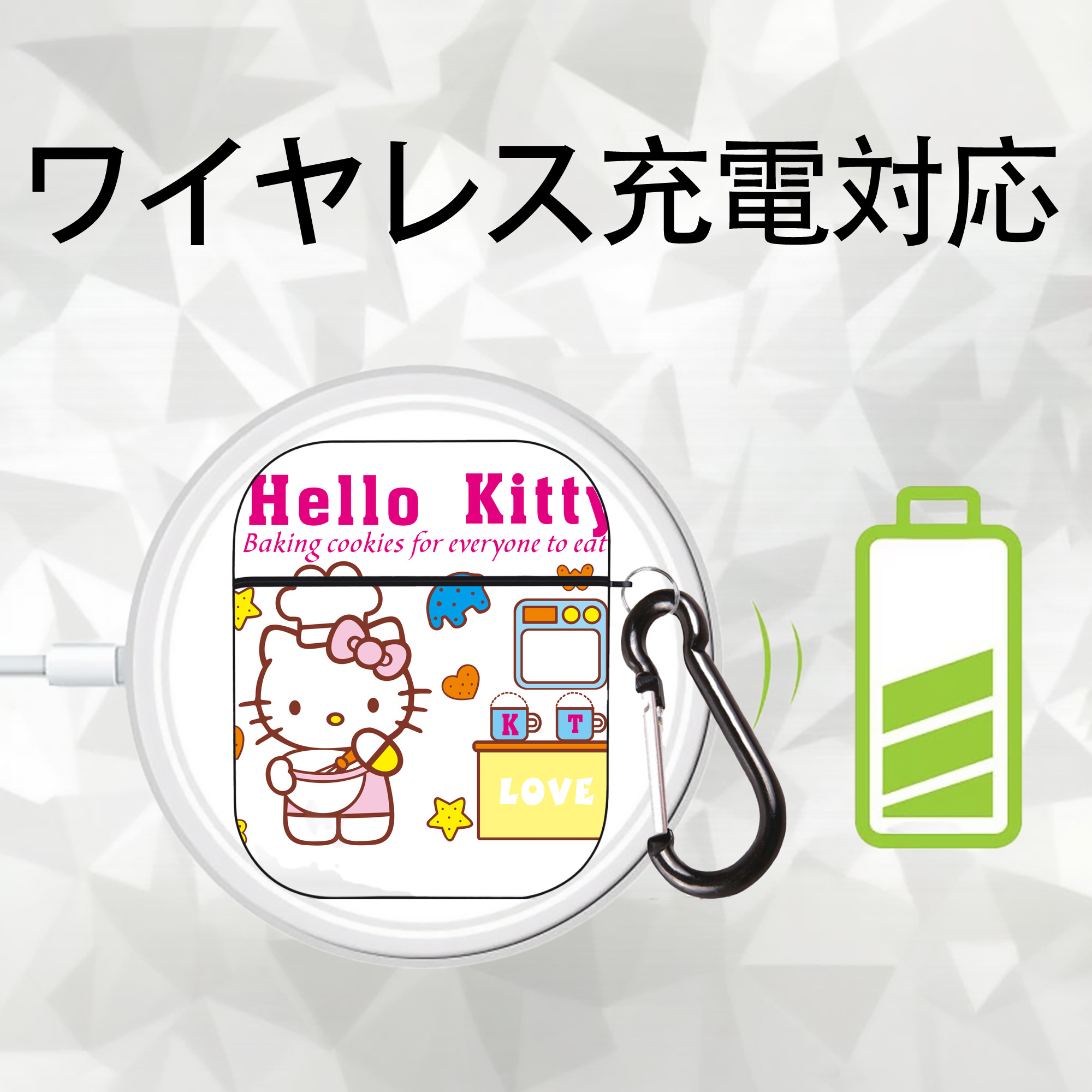 Hello Kitty ハローキティ AirPods 第2世代保護ケース ハードシェル ブラック 耐衝撃・防指紋・カラビナ付き