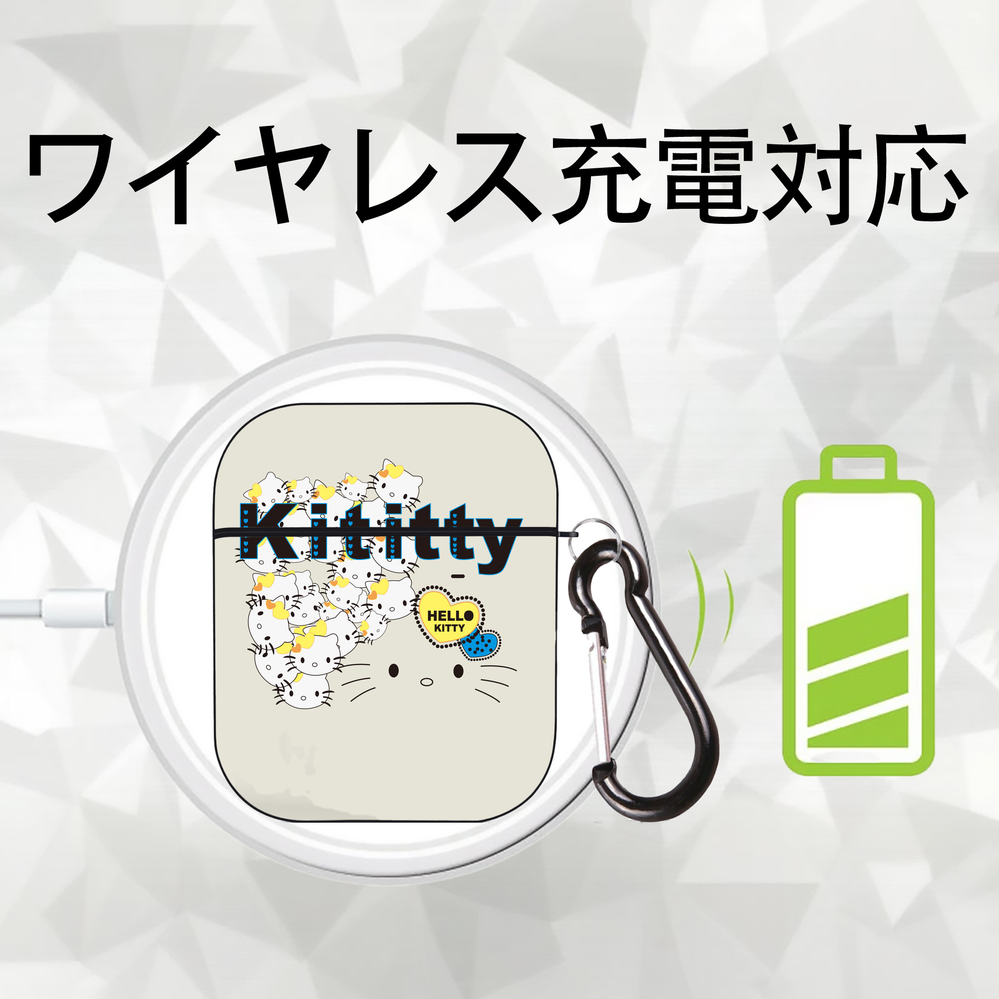 Hello Kitty ハローキティ AirPods 第2世代保護ケース ハードシェル ブラック 耐衝撃・防指紋・カラビナ付き