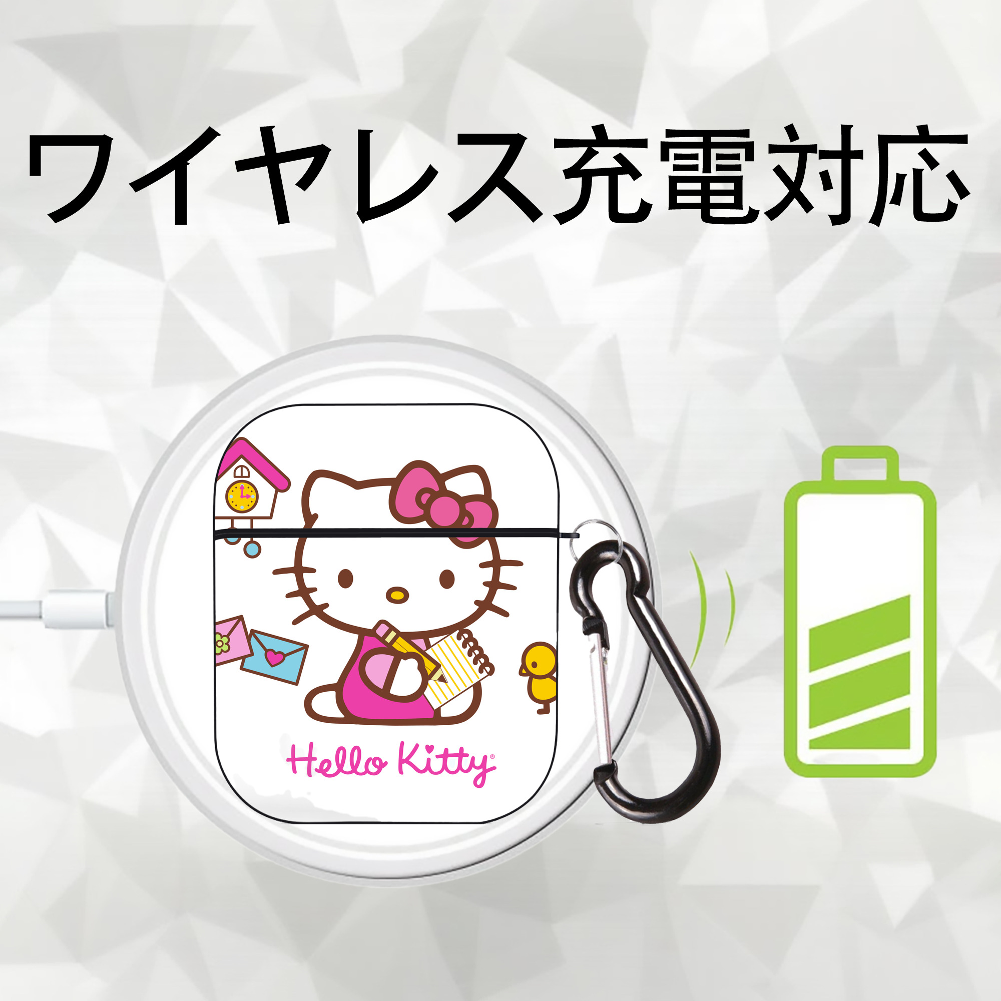 Hello Kitty ハローキティ AirPods 第2世代保護ケース ハードシェル ブラック 耐衝撃・防指紋・カラビナ付き