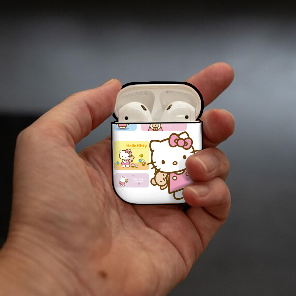 Hello Kitty ハローキティ AirPods 第2世代保護ケース ハードシェル ブラック 耐衝撃・防指紋・カラビナ付き