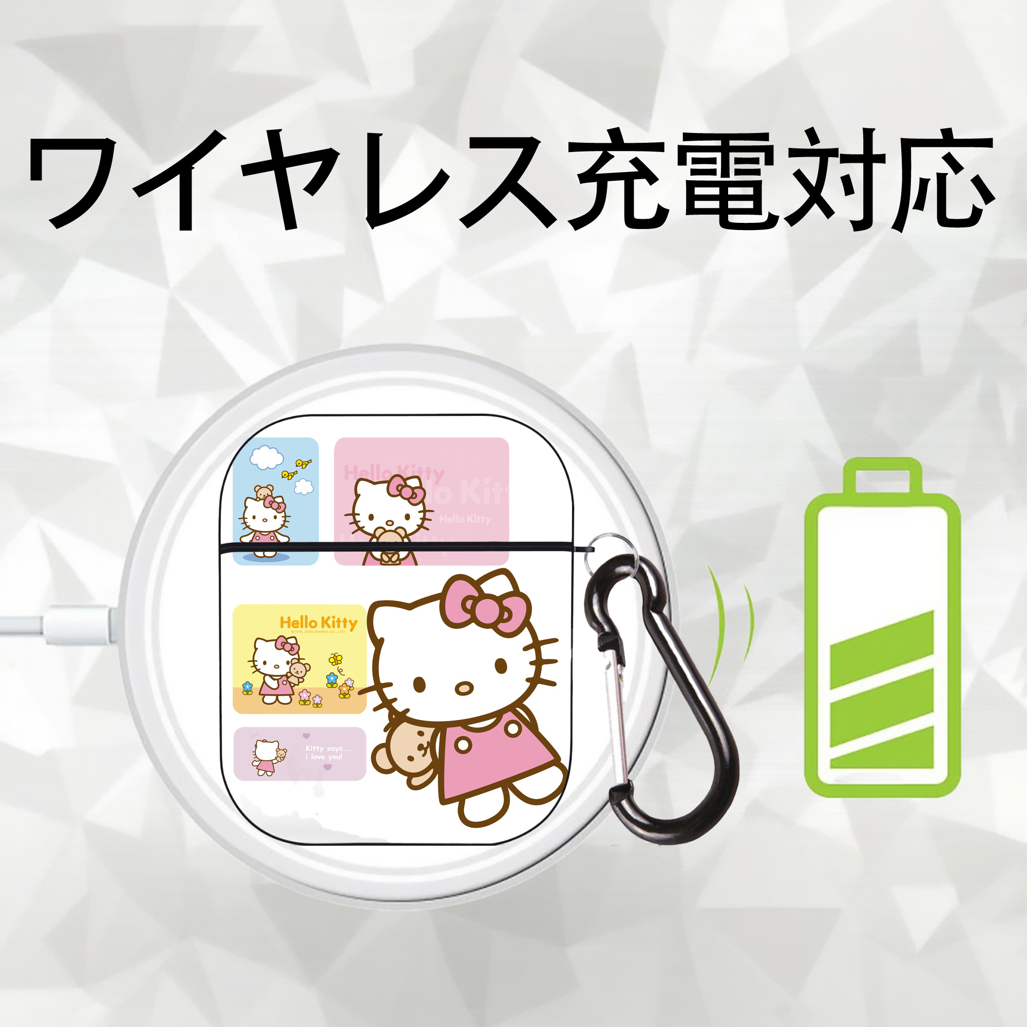 Hello Kitty ハローキティ AirPods 第2世代保護ケース ハードシェル ブラック 耐衝撃・防指紋・カラビナ付き