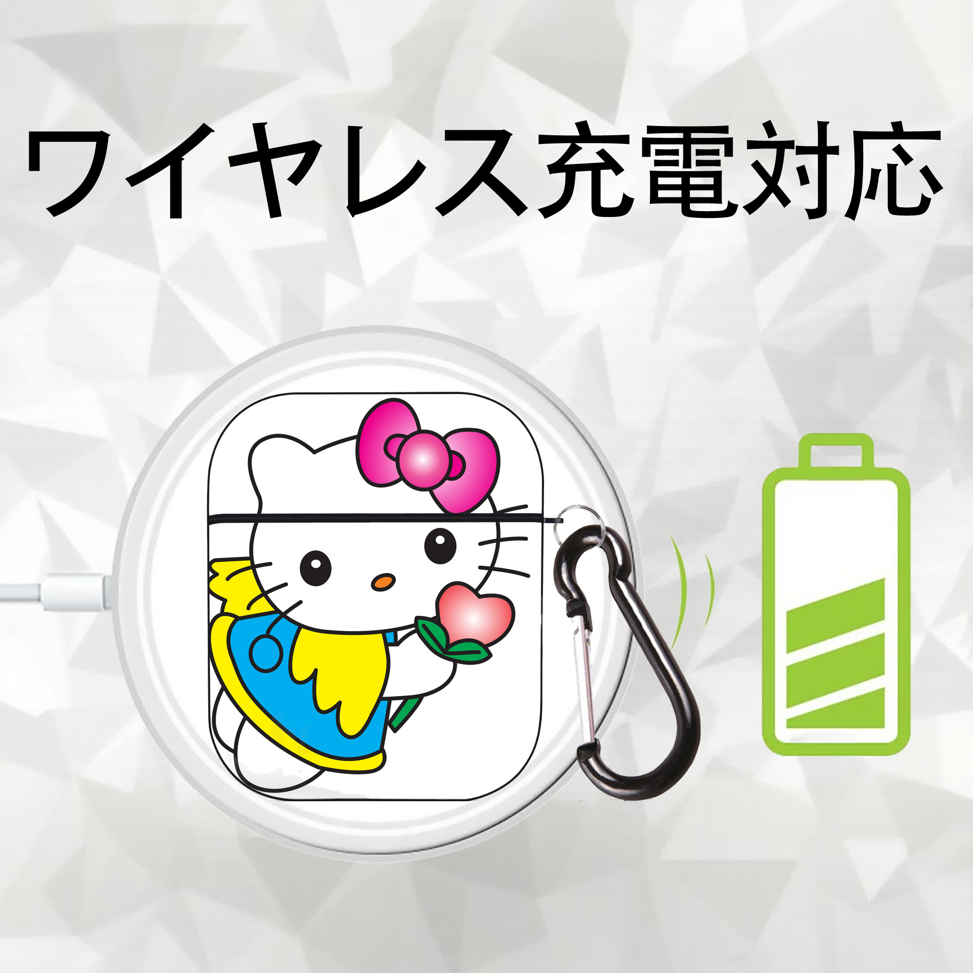 Hello Kitty ハローキティ AirPods 第2世代保護ケース ハードシェル ブラック 耐衝撃・防指紋・カラビナ付き
