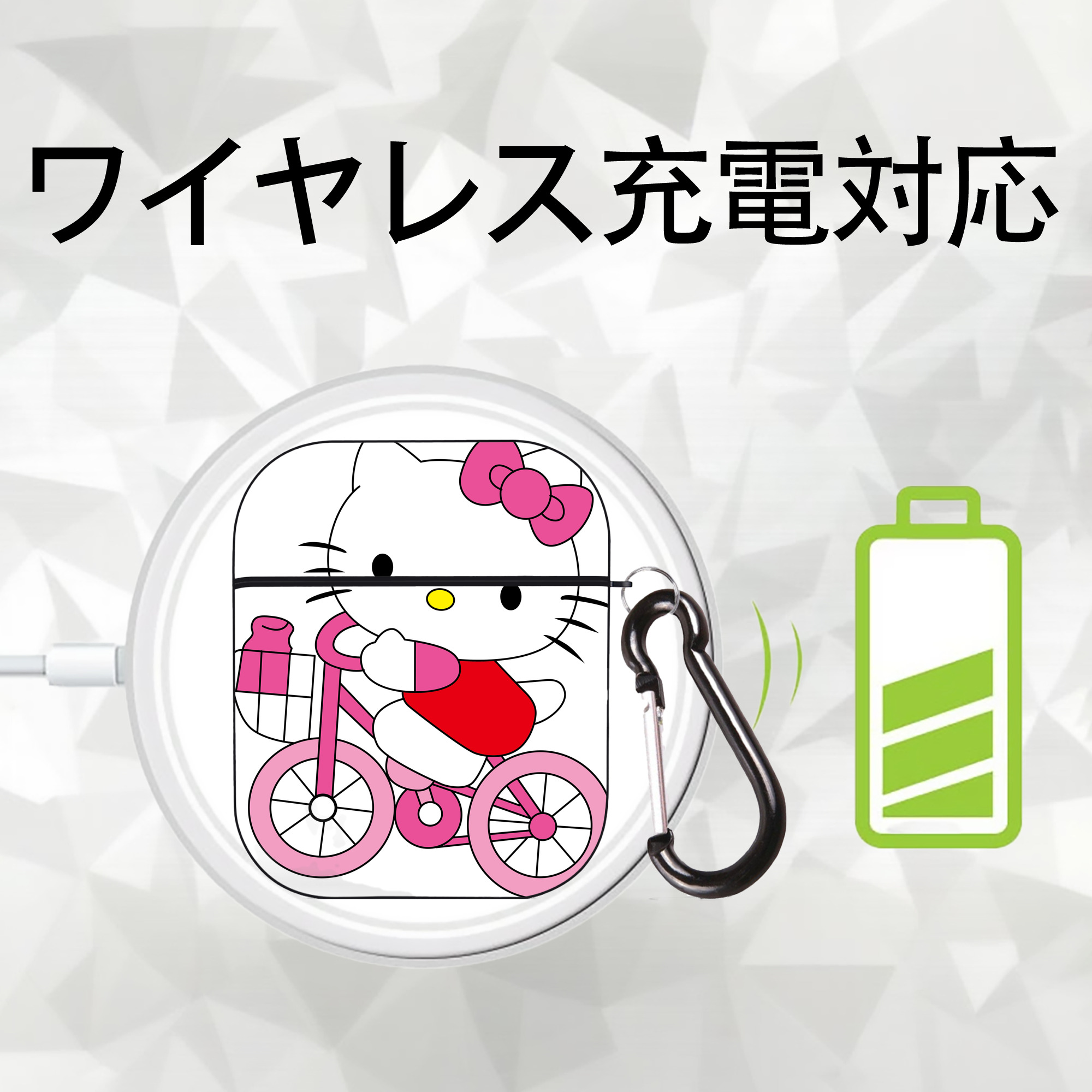 Hello Kitty ハローキティ AirPods 第2世代保護ケース ハードシェル ブラック 耐衝撃・防指紋・カラビナ付き
