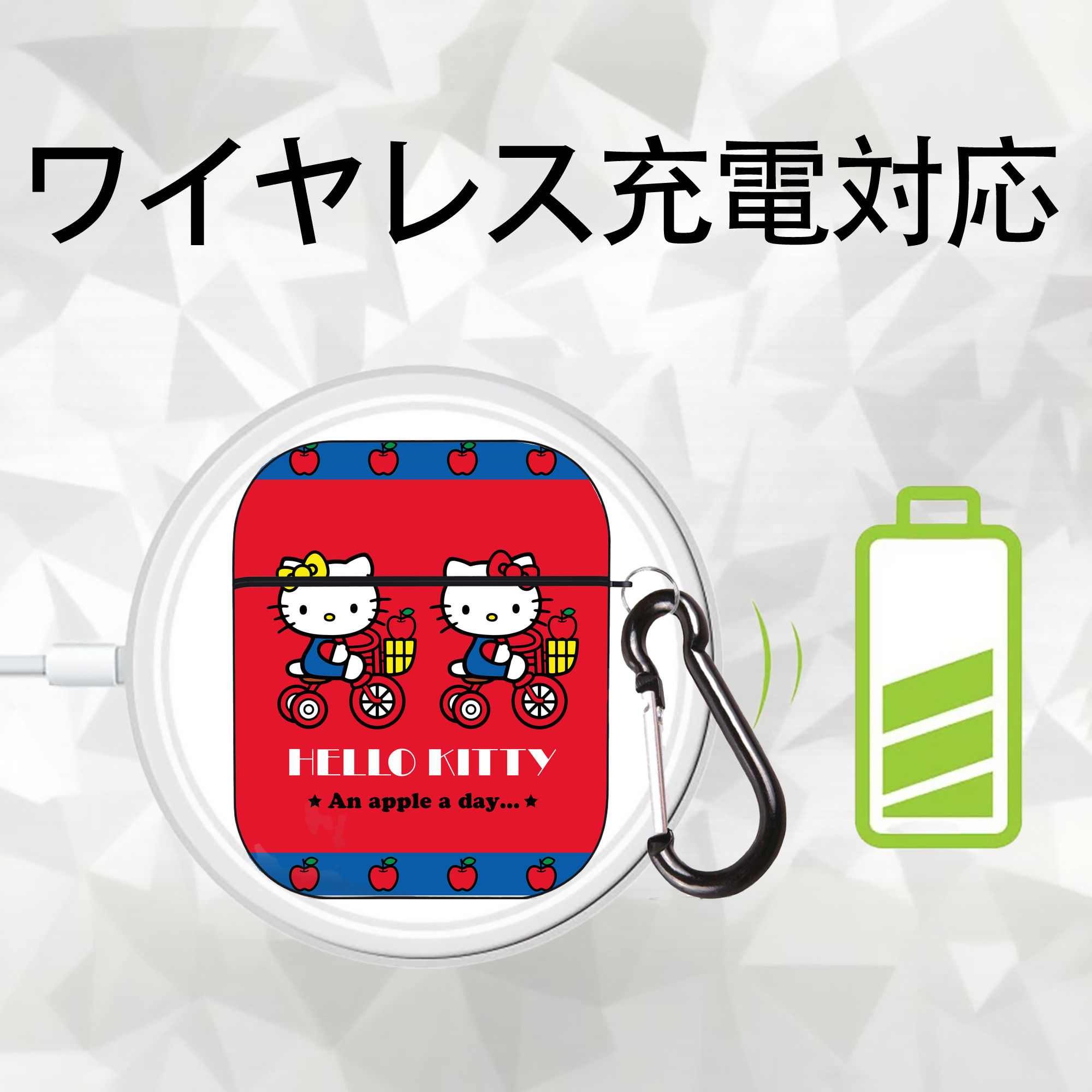 Hello Kitty ハローキティ AirPods 第2世代保護ケース ハードシェル ブラック 耐衝撃・防指紋・カラビナ付き