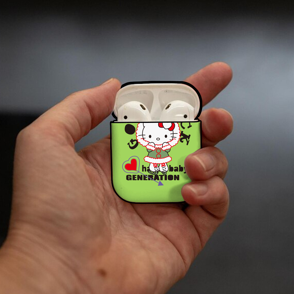 Hello Kitty ハローキティ AirPods 第2世代保護ケース ハードシェル ブラック 耐衝撃・防指紋・カラビナ付き