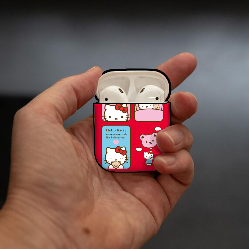 Hello Kitty ハローキティ AirPods 第2世代保護ケース ハードシェル ブラック 耐衝撃・防指紋・カラビナ付き