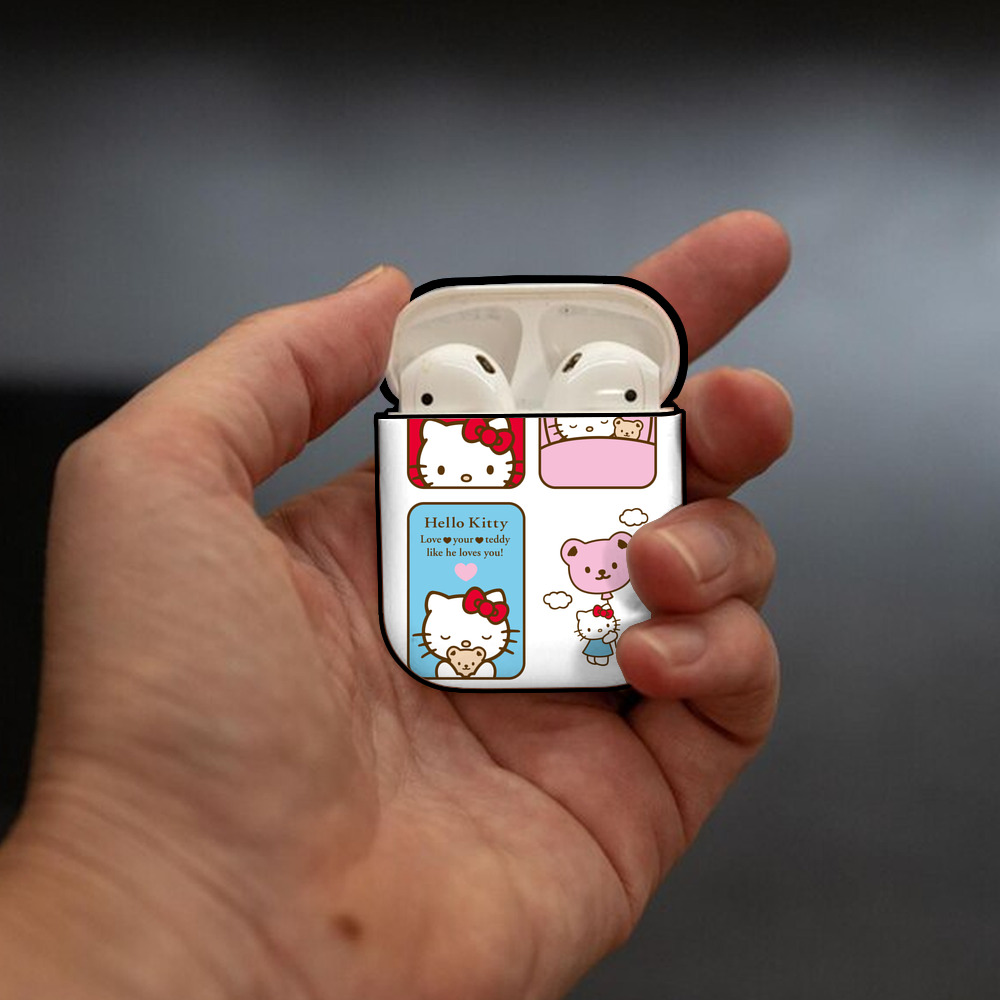 Hello Kitty ハローキティ AirPods 第2世代保護ケース ハードシェル ブラック 耐衝撃・防指紋・カラビナ付き