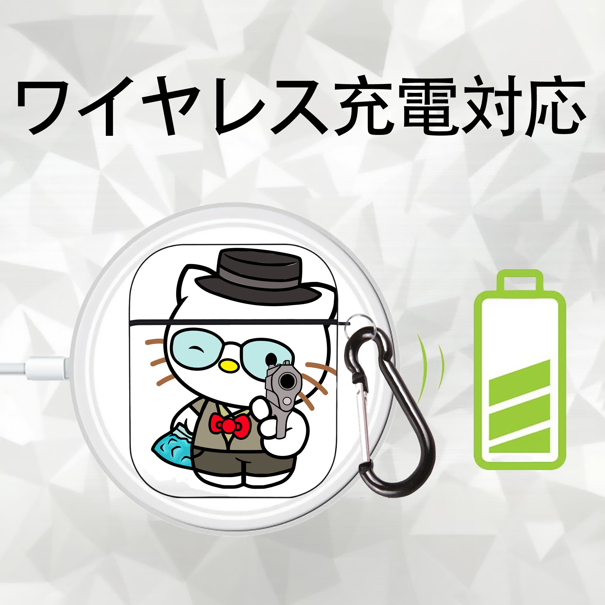 Hello Kitty ハローキティ AirPods 第2世代保護ケース ハードシェル ブラック 耐衝撃・防指紋・カラビナ付き