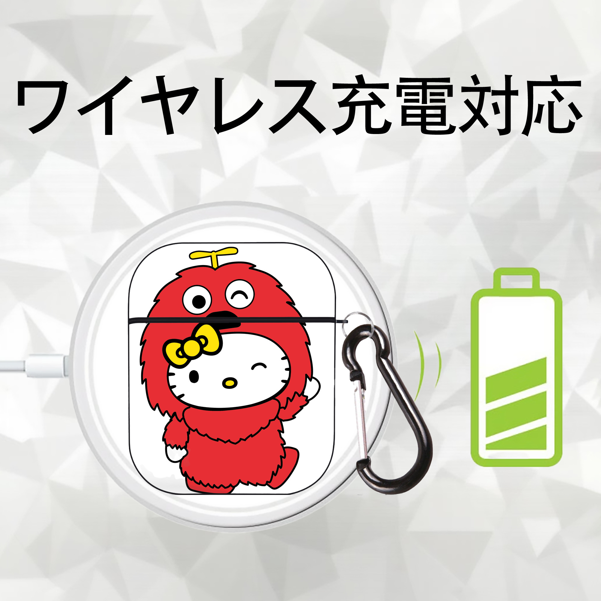 Hello Kitty ハローキティ AirPods 第2世代保護ケース ハードシェル ブラック 耐衝撃・防指紋・カラビナ付き