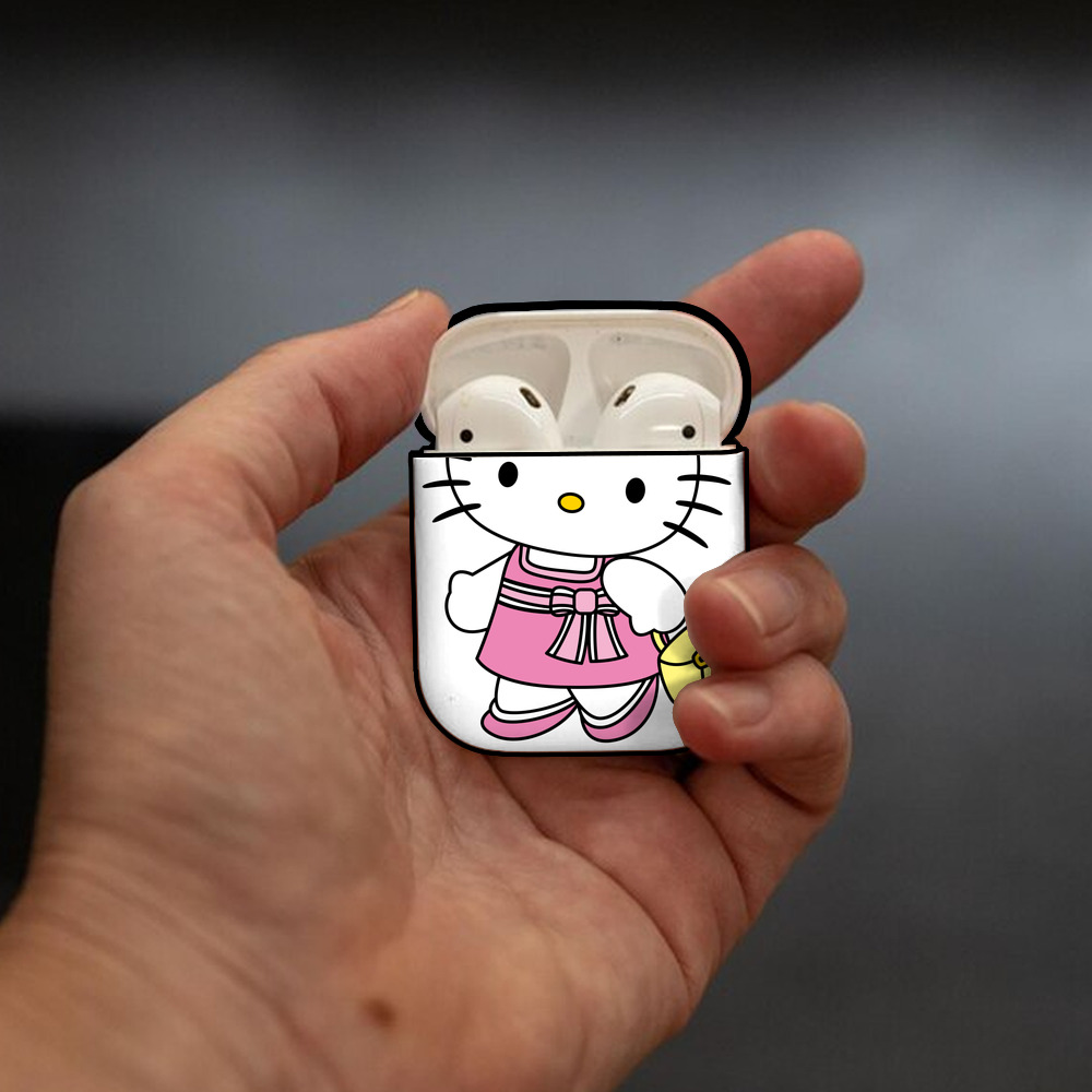 Hello Kitty ハローキティ AirPods 第2世代保護ケース ハードシェル ブラック 耐衝撃・防指紋・カラビナ付き