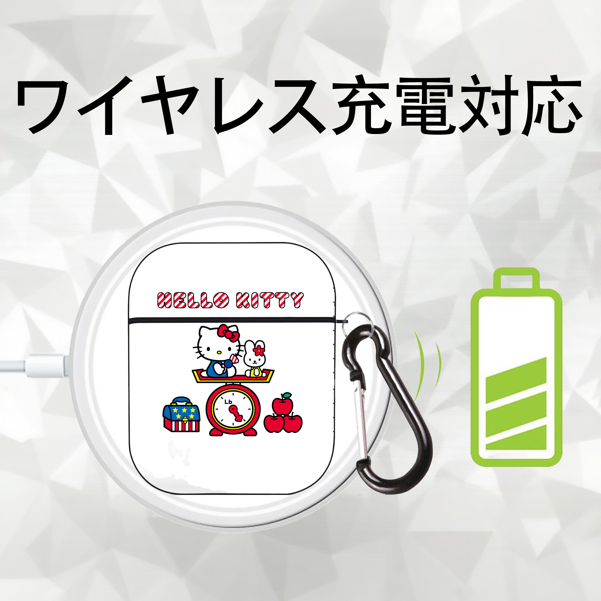 Hello Kitty ハローキティ AirPods 第2世代保護ケース ハードシェル ブラック 耐衝撃・防指紋・カラビナ付き