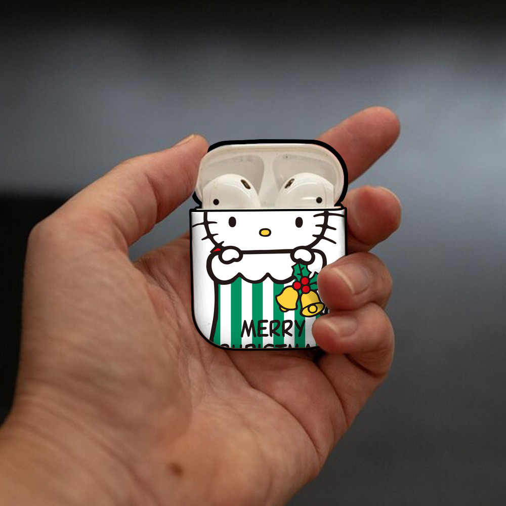 Hello Kitty ハローキティ AirPods 第2世代保護ケース ハードシェル ブラック 耐衝撃・防指紋・カラビナ付き