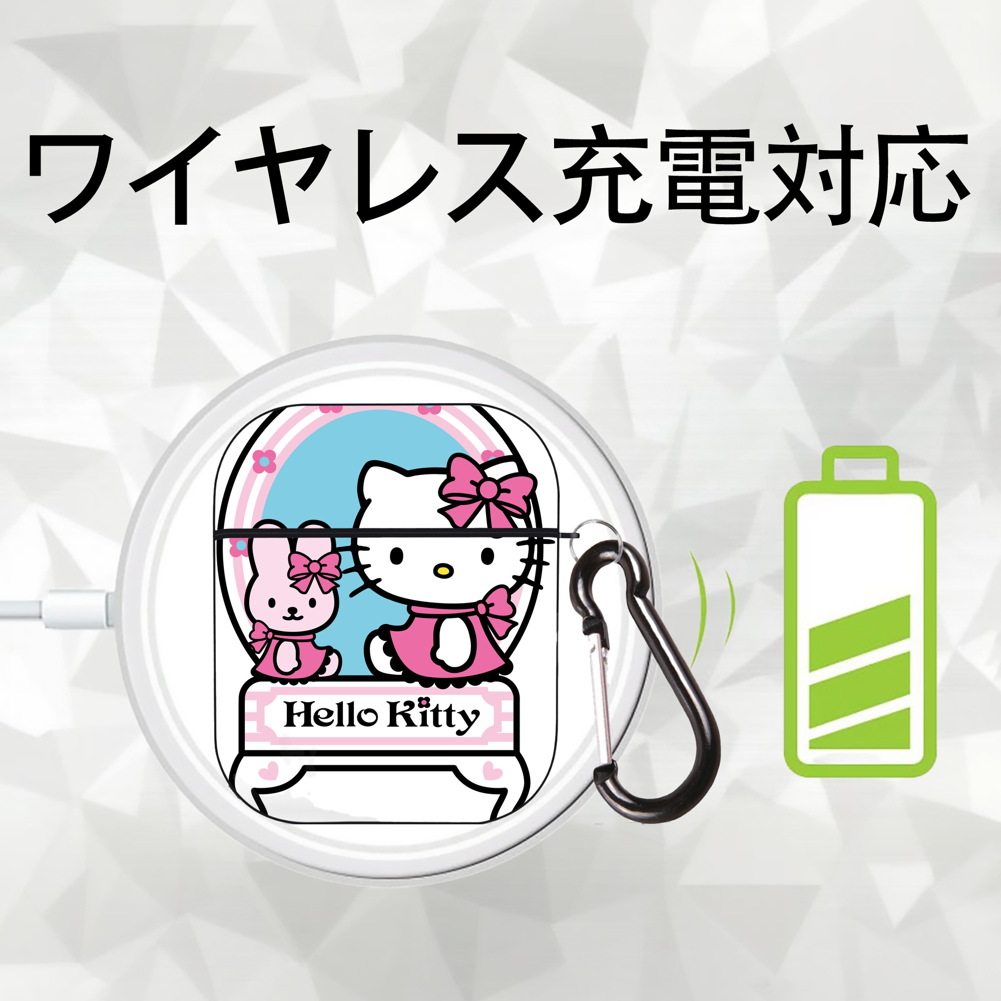 Hello Kitty ハローキティ AirPods 第2世代保護ケース ハードシェル ブラック 耐衝撃・防指紋・カラビナ付き