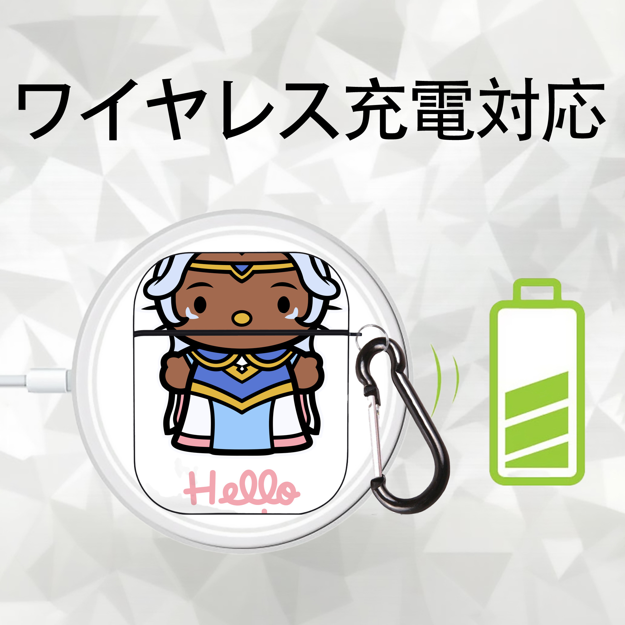 Hello Kitty ハローキティ AirPods 第2世代保護ケース ハードシェル ブラック 耐衝撃・防指紋・カラビナ付き