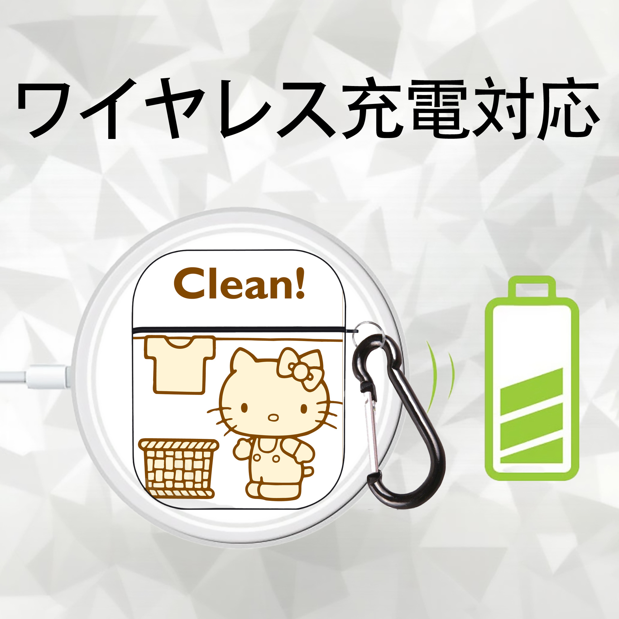 Hello Kitty ハローキティ AirPods 第2世代保護ケース ハードシェル ブラック 耐衝撃・防指紋・カラビナ付き