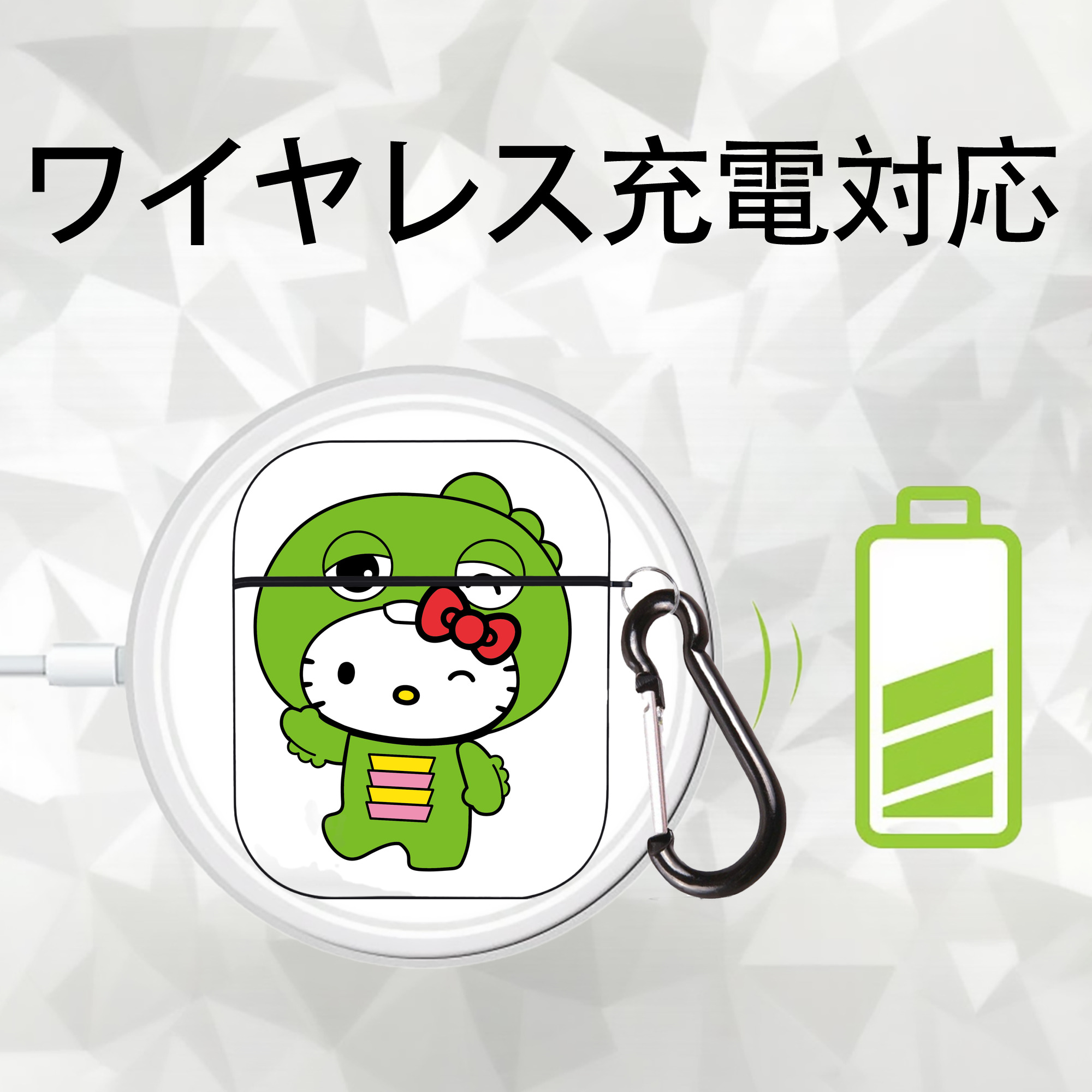 Hello Kitty ハローキティ AirPods 第2世代保護ケース ハードシェル ブラック 耐衝撃・防指紋・カラビナ付き