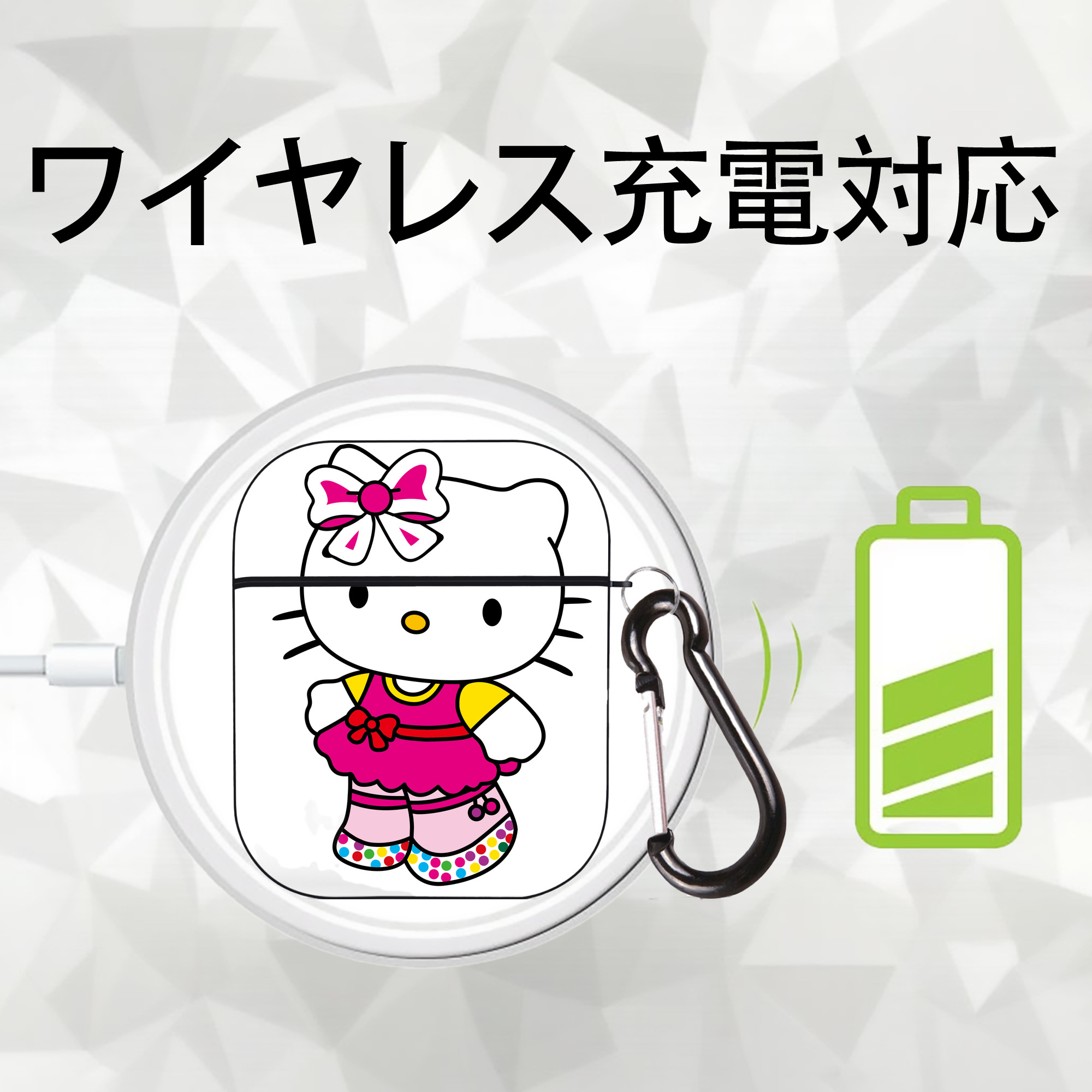 Hello Kitty ハローキティ AirPods 第2世代保護ケース ハードシェル ブラック 耐衝撃・防指紋・カラビナ付き