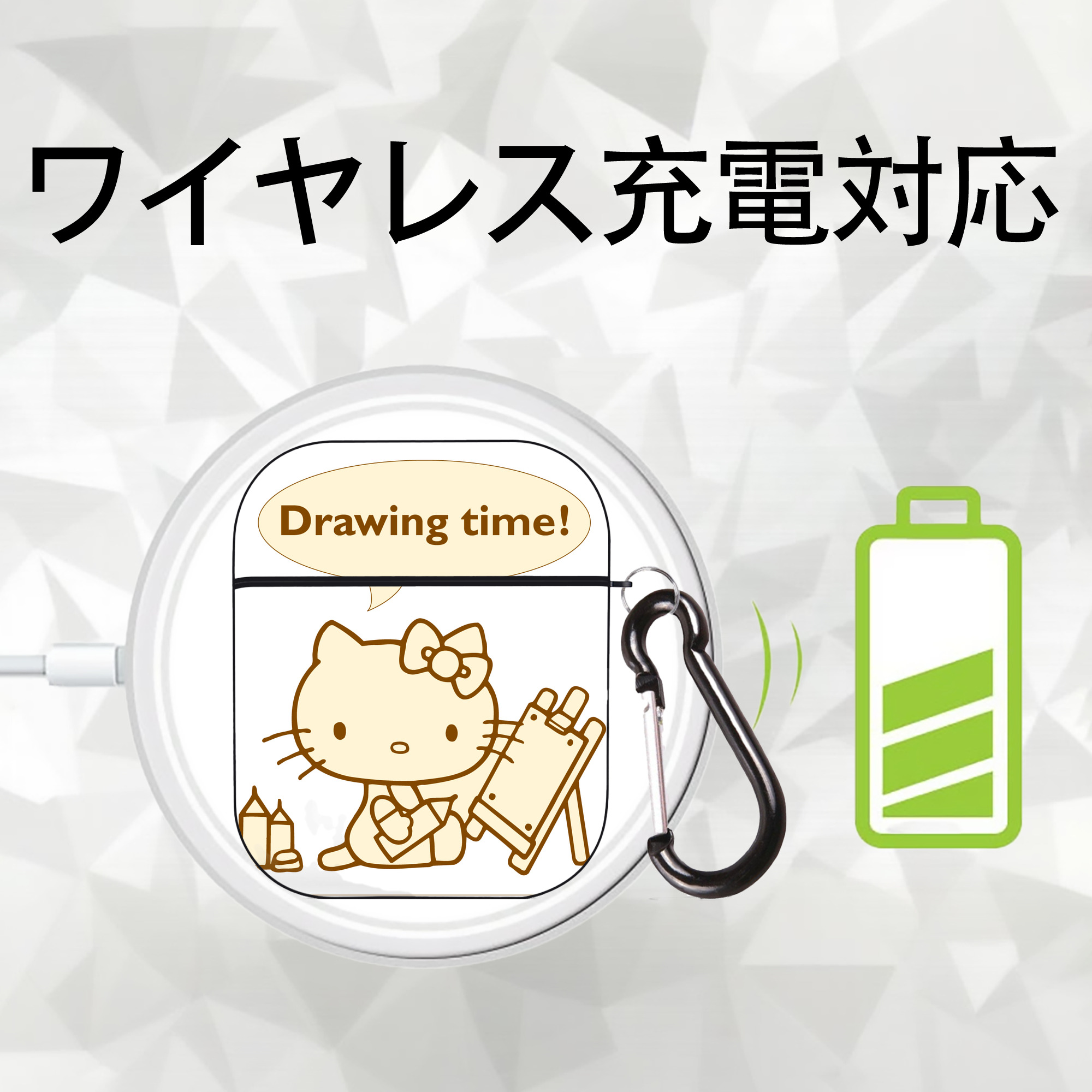 Hello Kitty ハローキティ AirPods 第2世代保護ケース ハードシェル ブラック 耐衝撃・防指紋・カラビナ付き