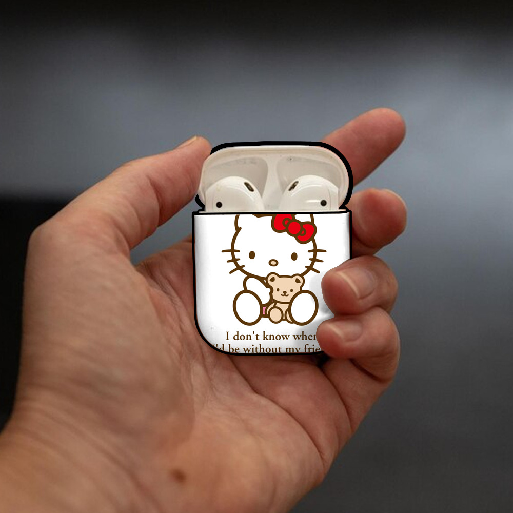 Hello Kitty ハローキティ AirPods 第2世代保護ケース ハードシェル ブラック 耐衝撃・防指紋・カラビナ付き