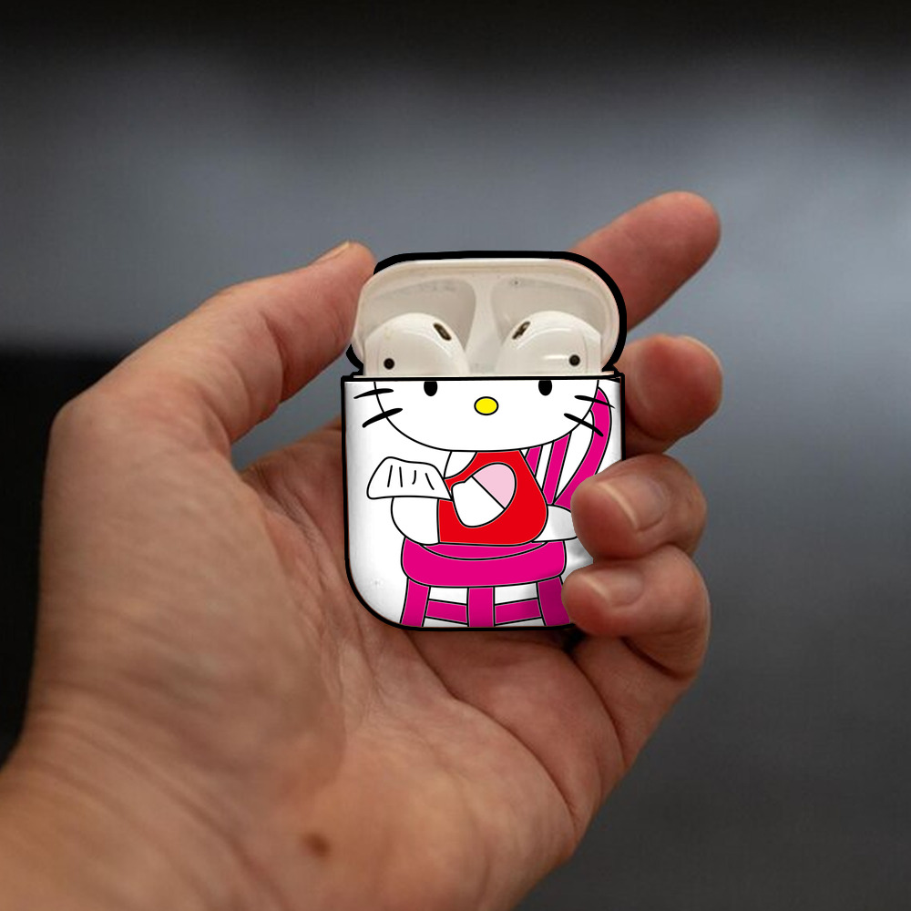 Hello Kitty ハローキティ AirPods 第2世代保護ケース ハードシェル ブラック 耐衝撃・防指紋・カラビナ付き