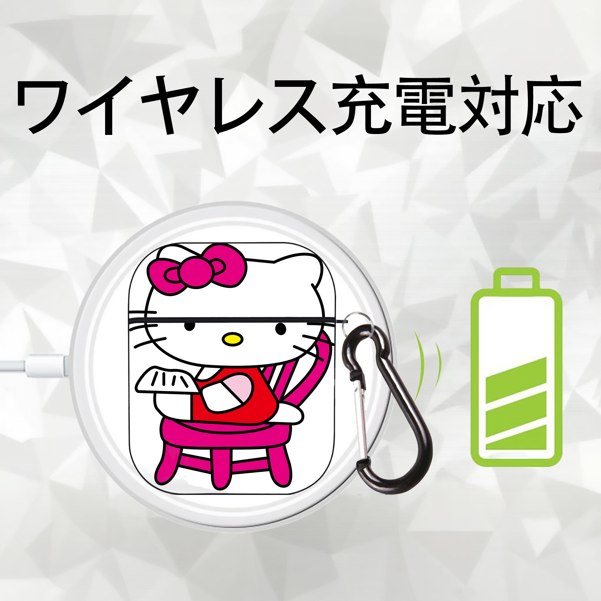 Hello Kitty ハローキティ AirPods 第2世代保護ケース ハードシェル ブラック 耐衝撃・防指紋・カラビナ付き
