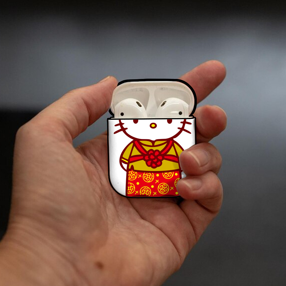 Hello Kitty ハローキティ AirPods 第2世代保護ケース ハードシェル ブラック 耐衝撃・防指紋・カラビナ付き