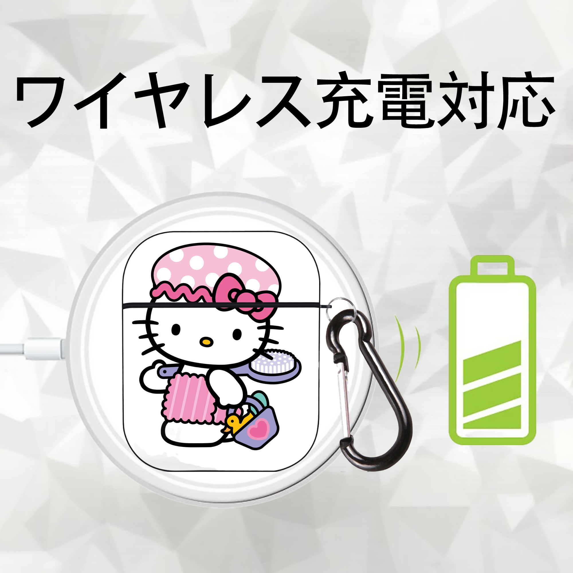 Hello Kitty ハローキティ AirPods 第2世代保護ケース ハードシェル ブラック 耐衝撃・防指紋・カラビナ付き