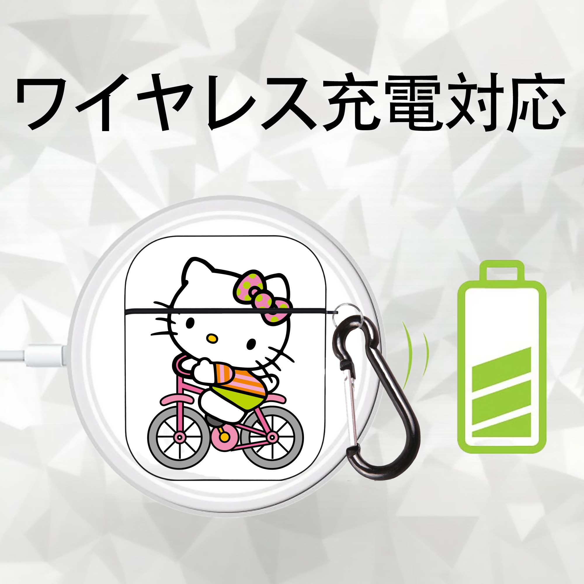 Hello Kitty ハローキティ AirPods 第2世代保護ケース ハードシェル ブラック 耐衝撃・防指紋・カラビナ付き