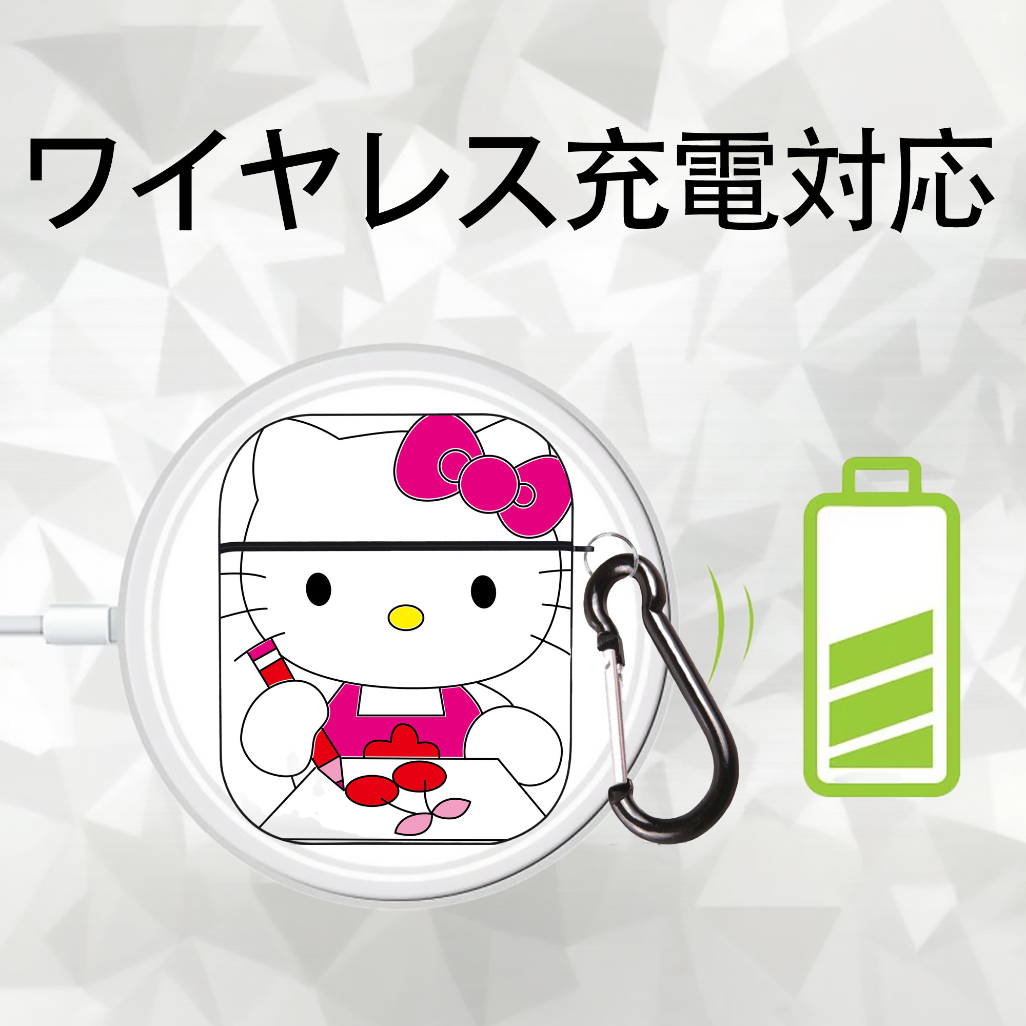 Hello Kitty ハローキティ AirPods 第2世代保護ケース ハードシェル ブラック 耐衝撃・防指紋・カラビナ付き