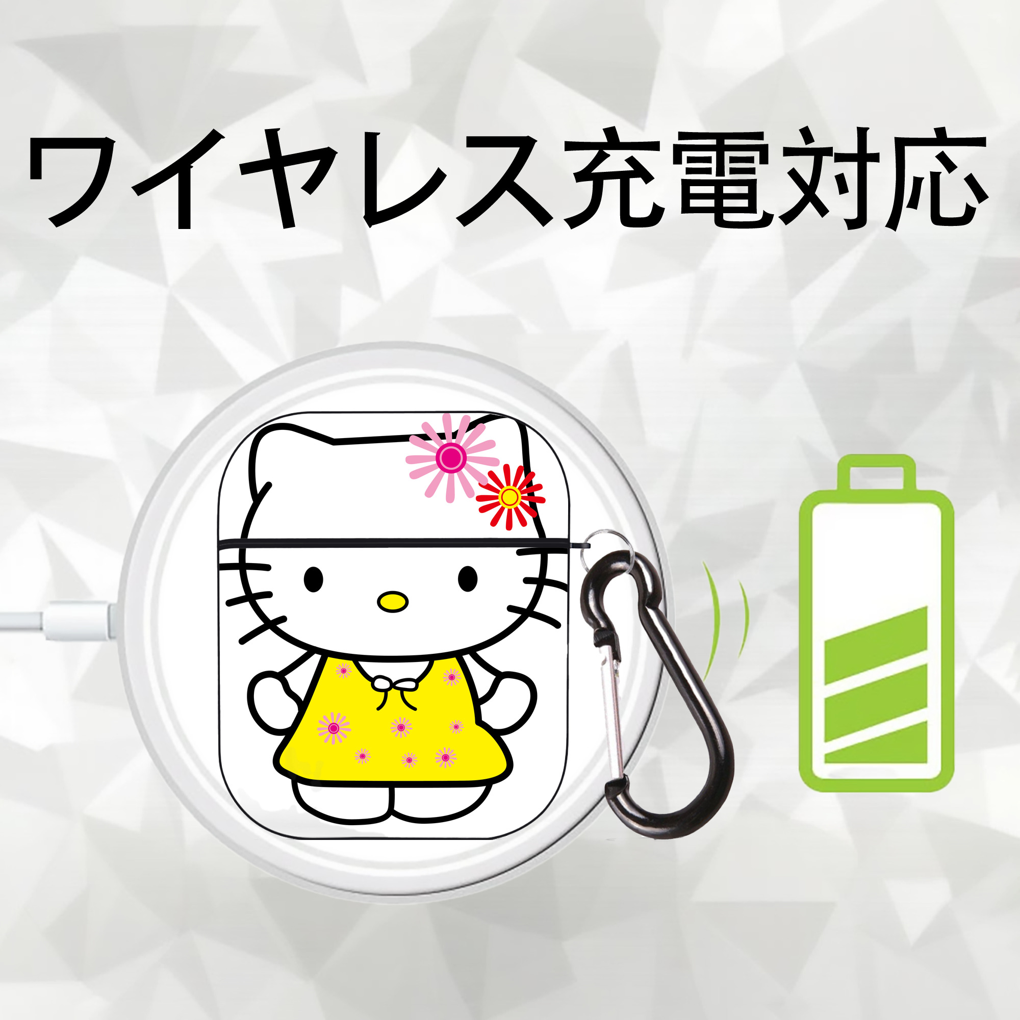 Hello Kitty ハローキティ AirPods 第2世代保護ケース ハードシェル ブラック 耐衝撃・防指紋・カラビナ付き