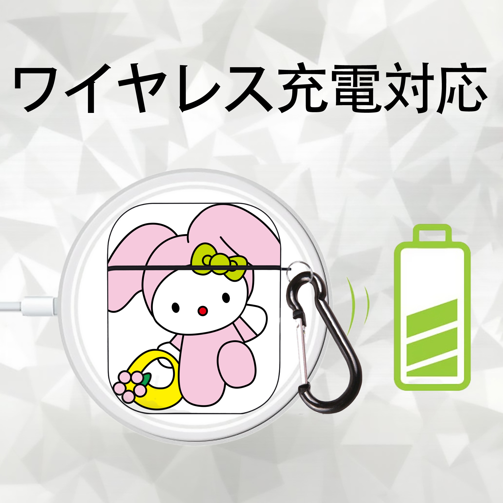 Hello Kitty ハローキティ AirPods 第2世代保護ケース ハードシェル ブラック 耐衝撃・防指紋・カラビナ付き