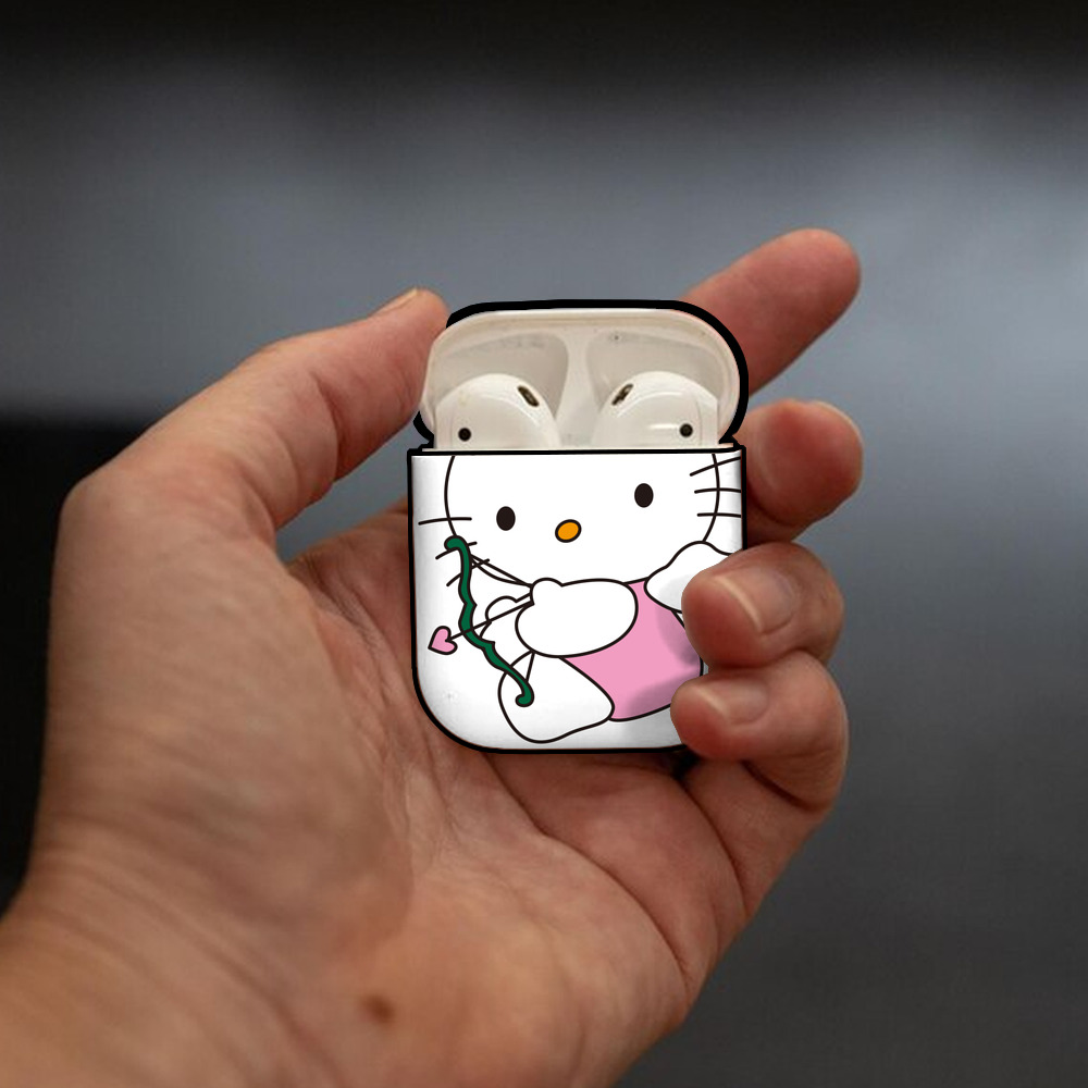 Hello Kitty ハローキティ AirPods 第2世代保護ケース ハードシェル ブラック 耐衝撃・防指紋・カラビナ付き