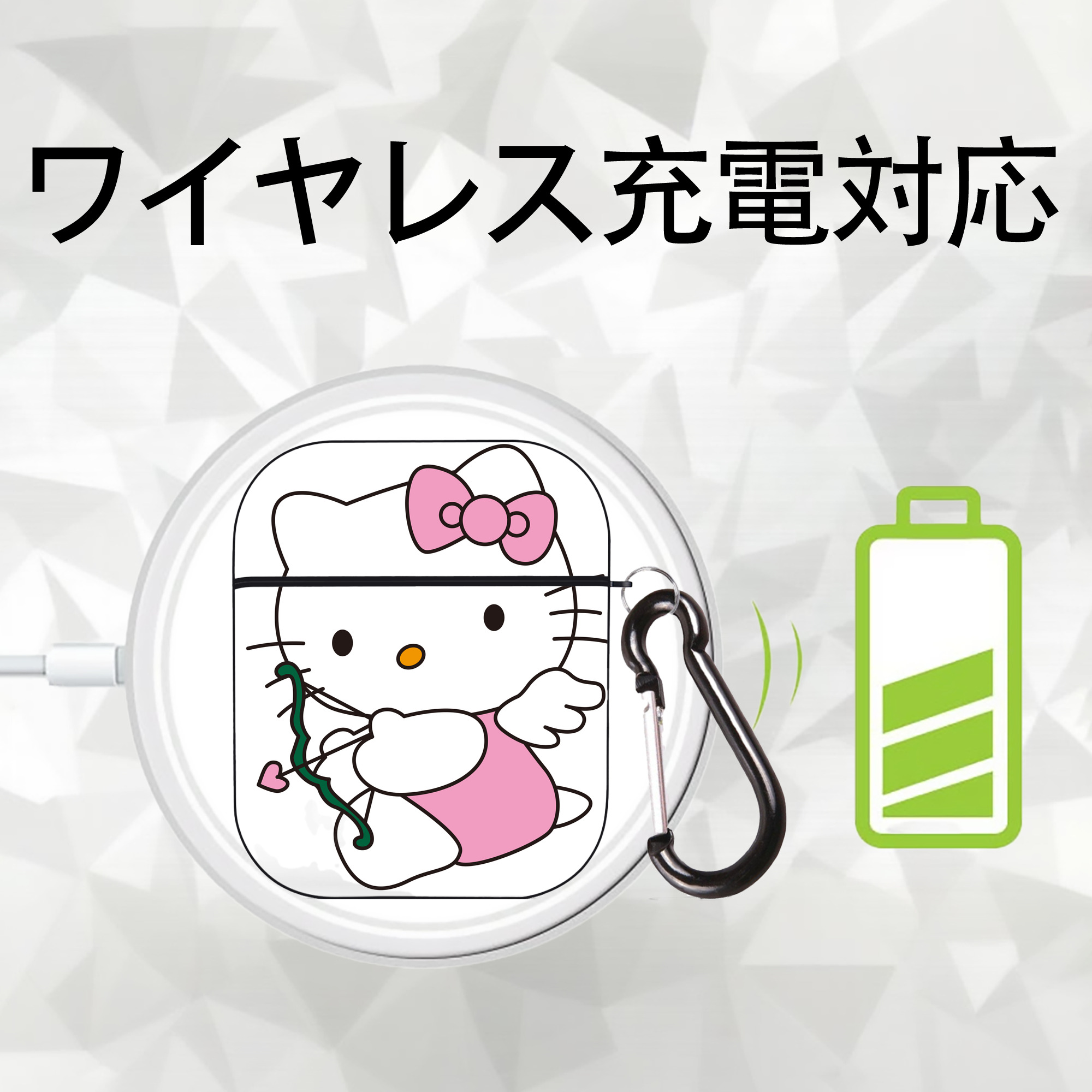 Hello Kitty ハローキティ AirPods 第2世代保護ケース ハードシェル ブラック 耐衝撃・防指紋・カラビナ付き