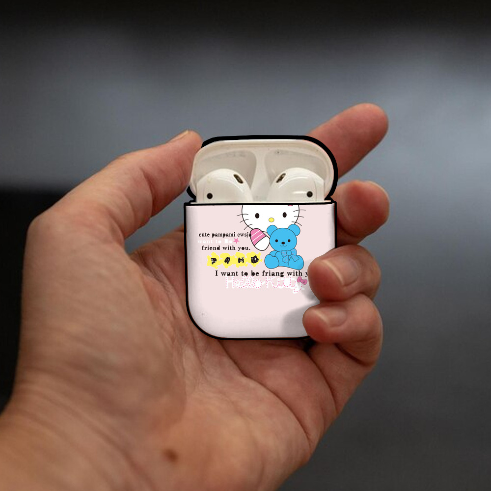 Hello Kitty ハローキティ AirPods 第2世代保護ケース ハードシェル ブラック 耐衝撃・防指紋・カラビナ付き