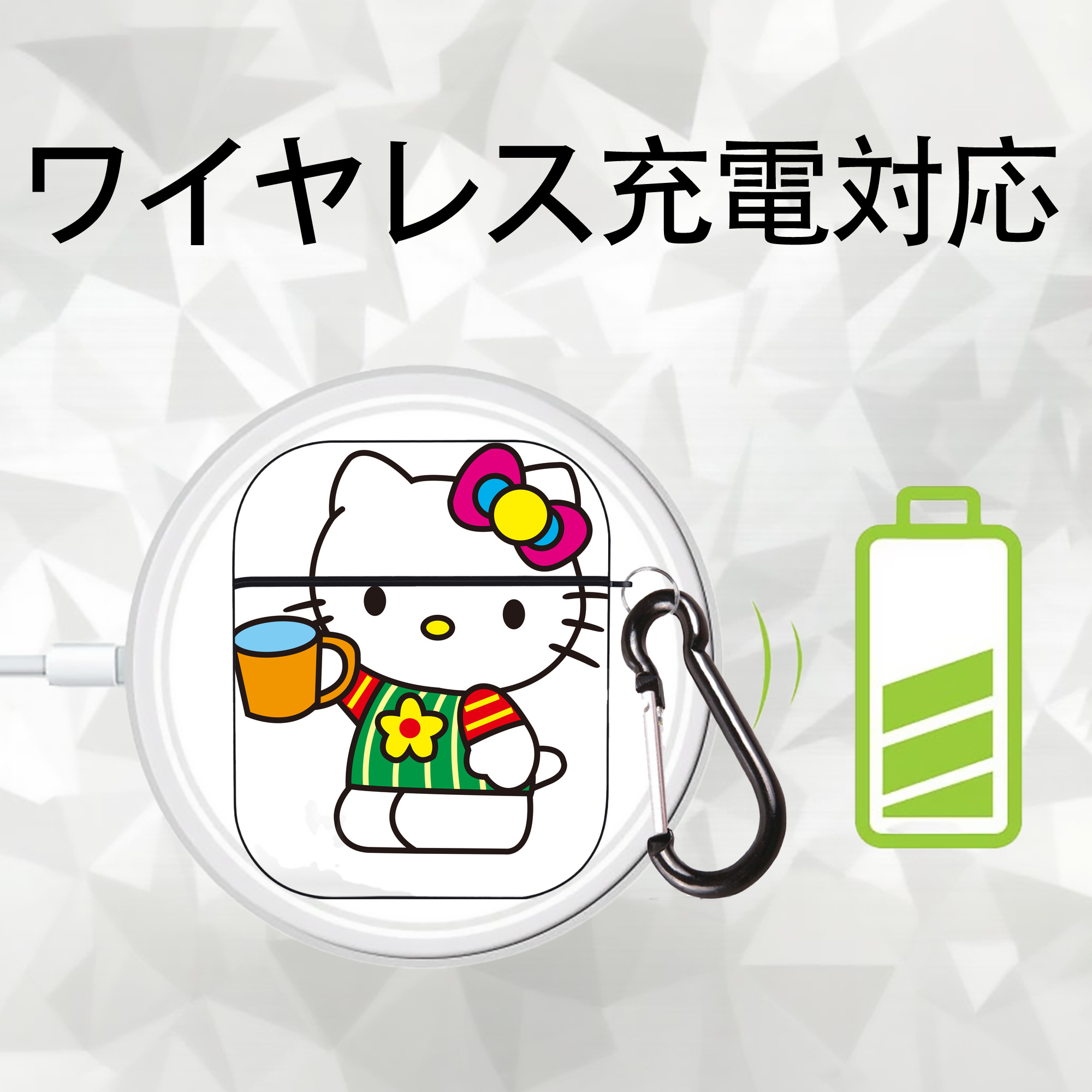 Hello Kitty ハローキティ AirPods 第2世代保護ケース ハードシェル ブラック 耐衝撃・防指紋・カラビナ付き