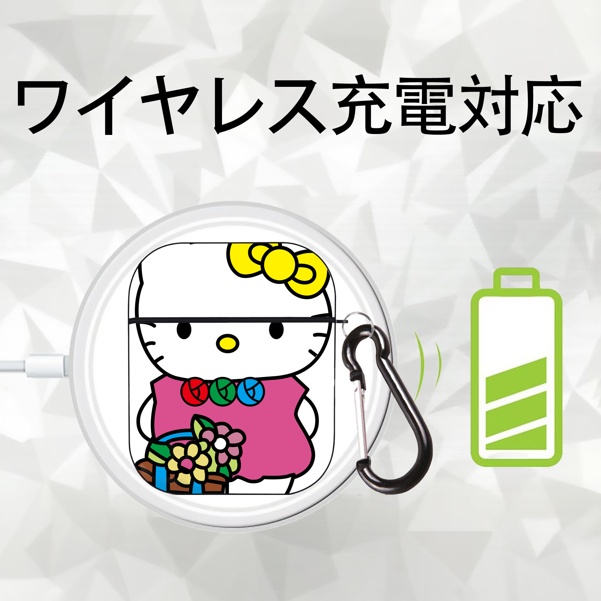 Hello Kitty ハローキティ AirPods 第2世代保護ケース ハードシェル ブラック 耐衝撃・防指紋・カラビナ付き