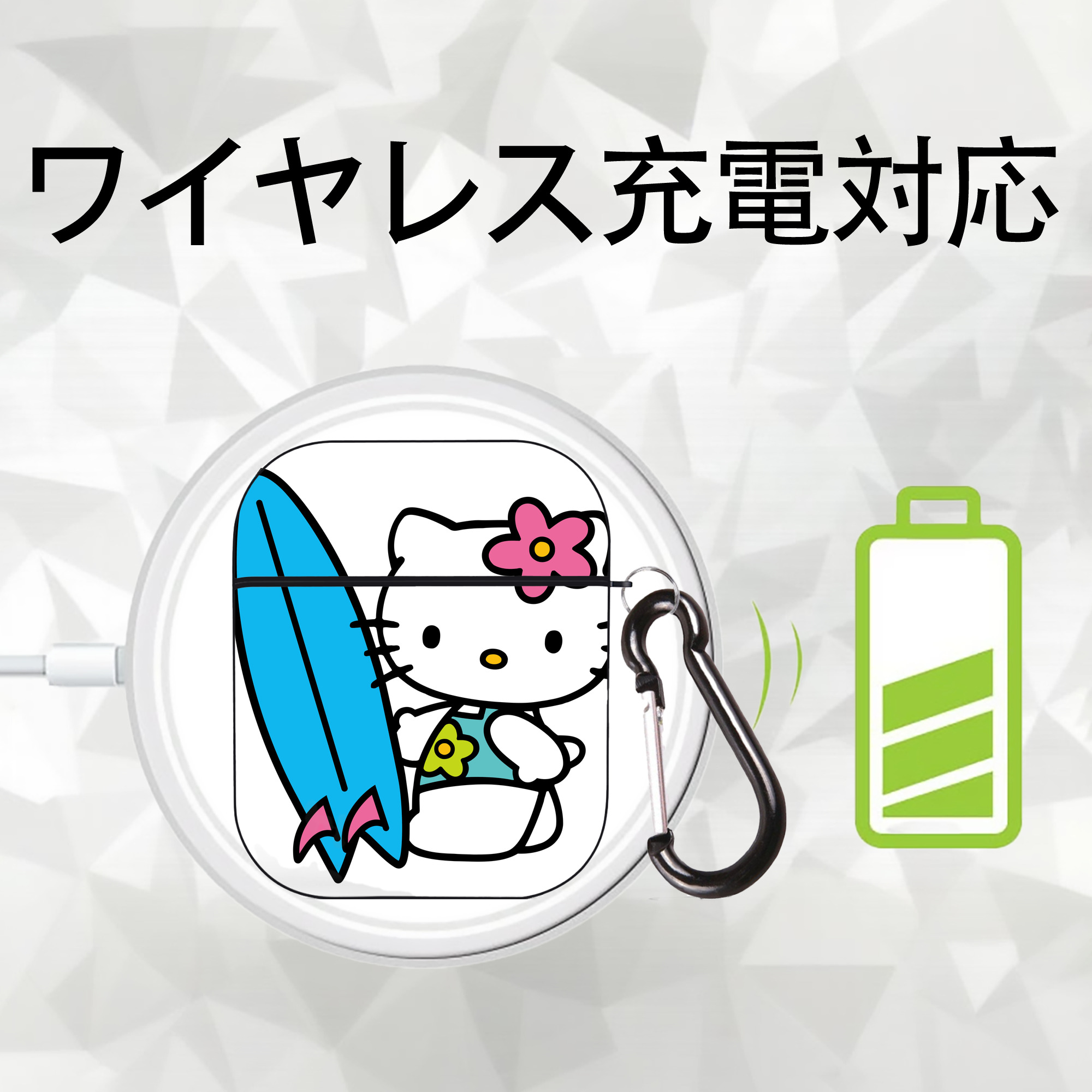 Hello Kitty ハローキティ AirPods 第2世代保護ケース ハードシェル ブラック 耐衝撃・防指紋・カラビナ付き